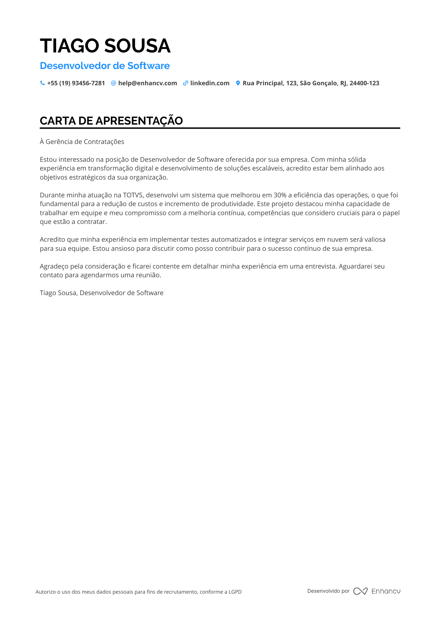 Desenvolvedor Carta de apresentação