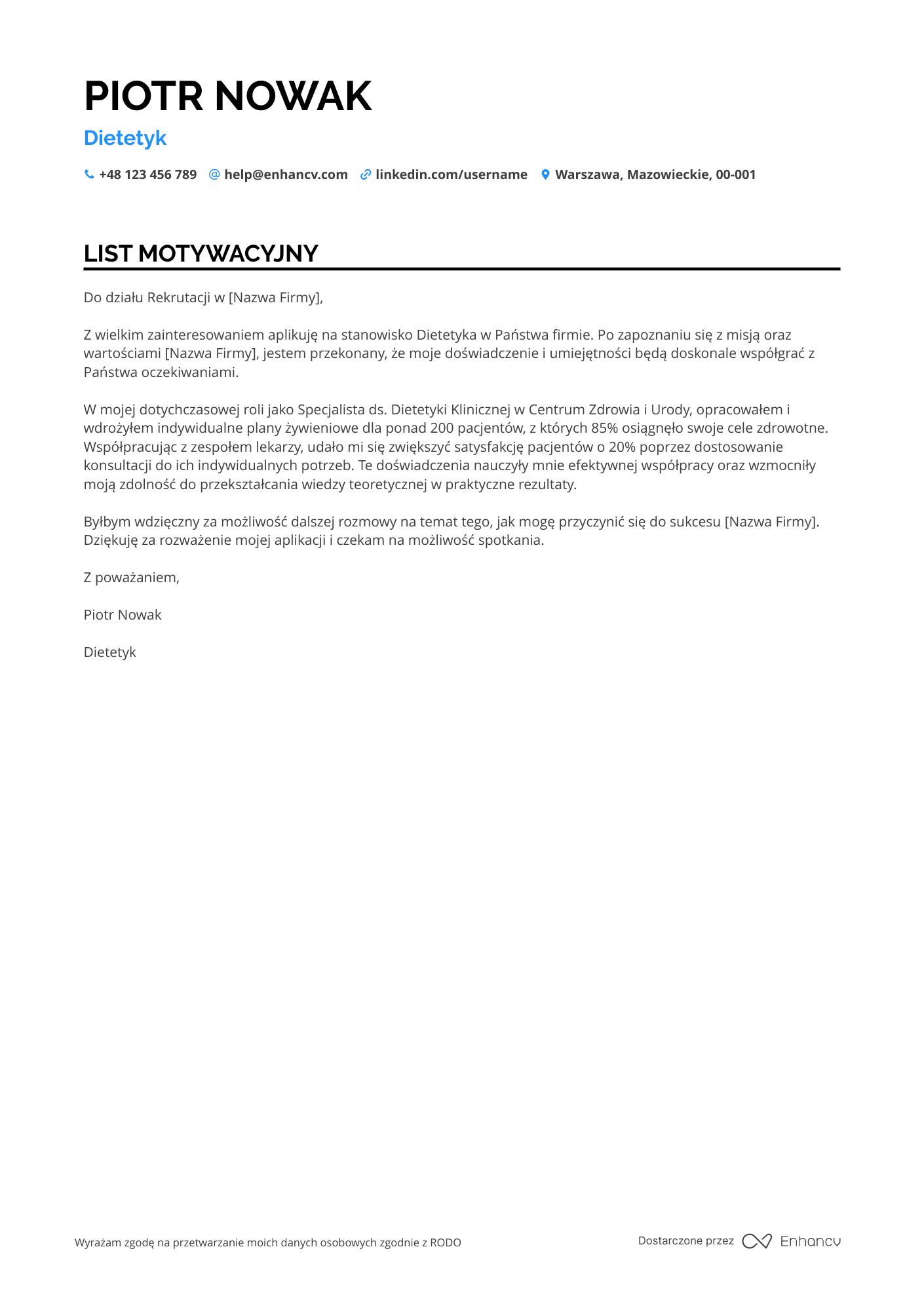 Dietetyk List motywacyjny