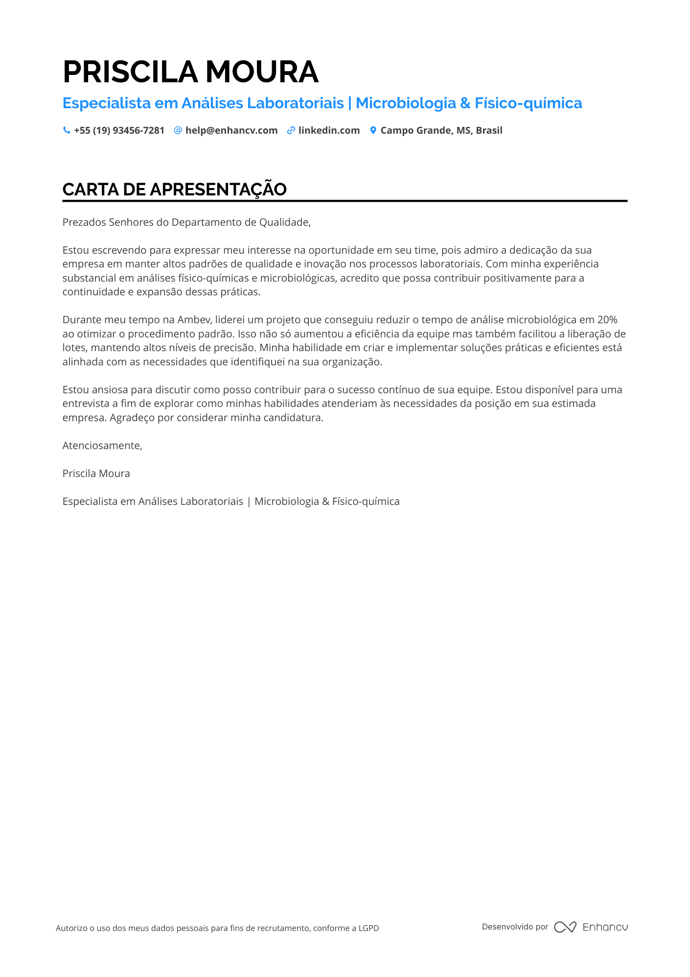 Técnico de Laboratório Carta de apresentação