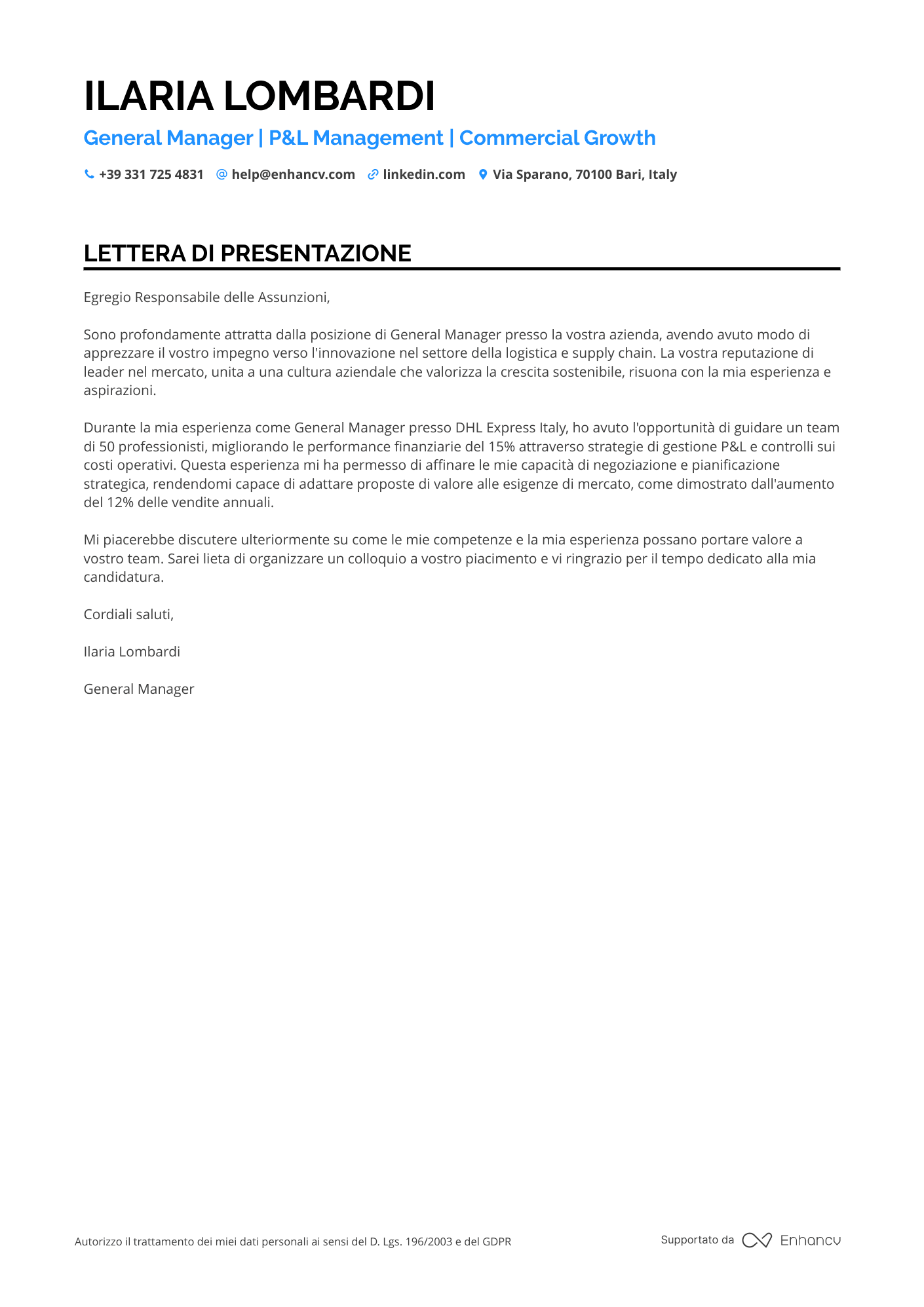 Direttore Generale Lettera di presentazione