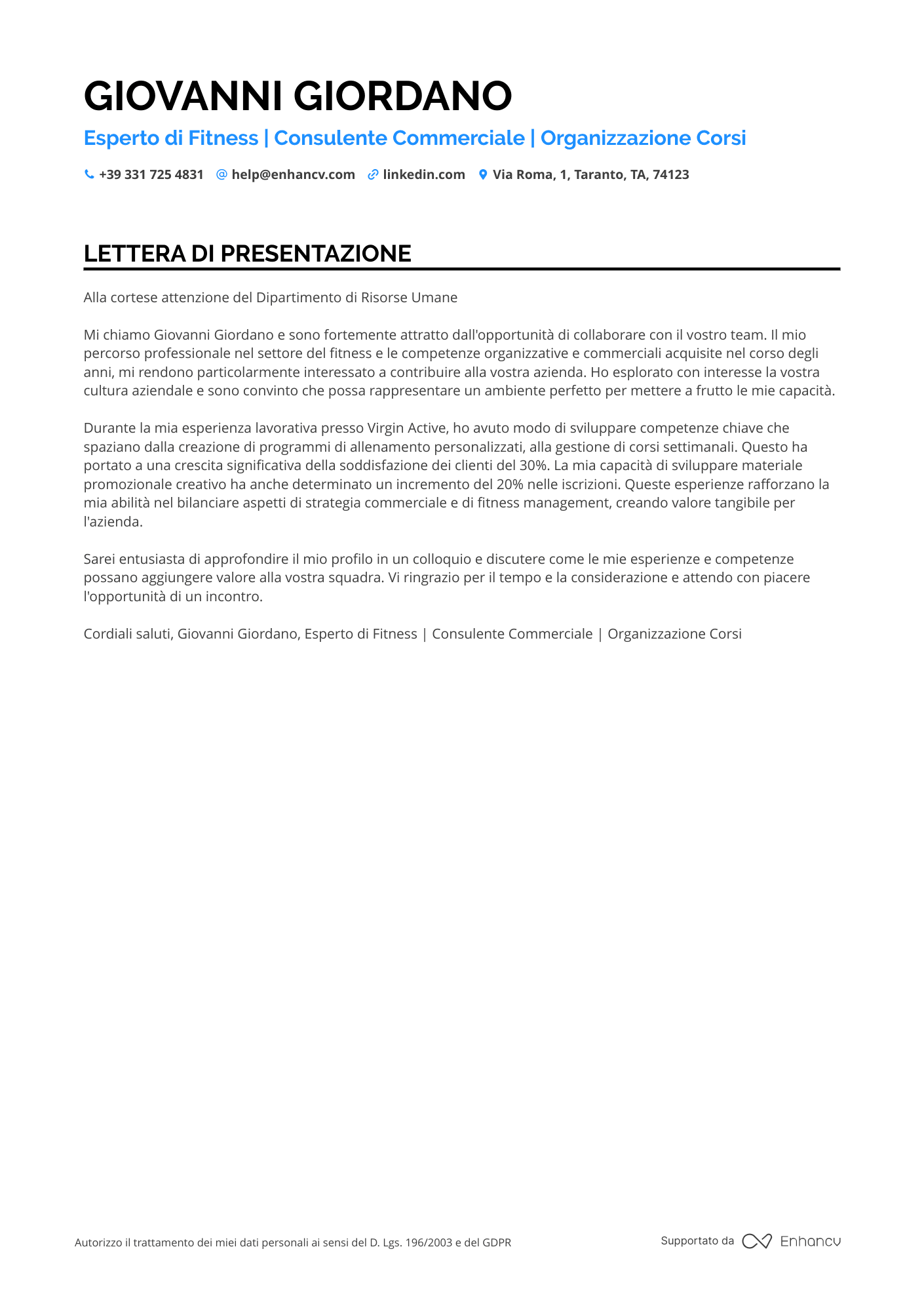Personal Trainer Lettera di presentazione