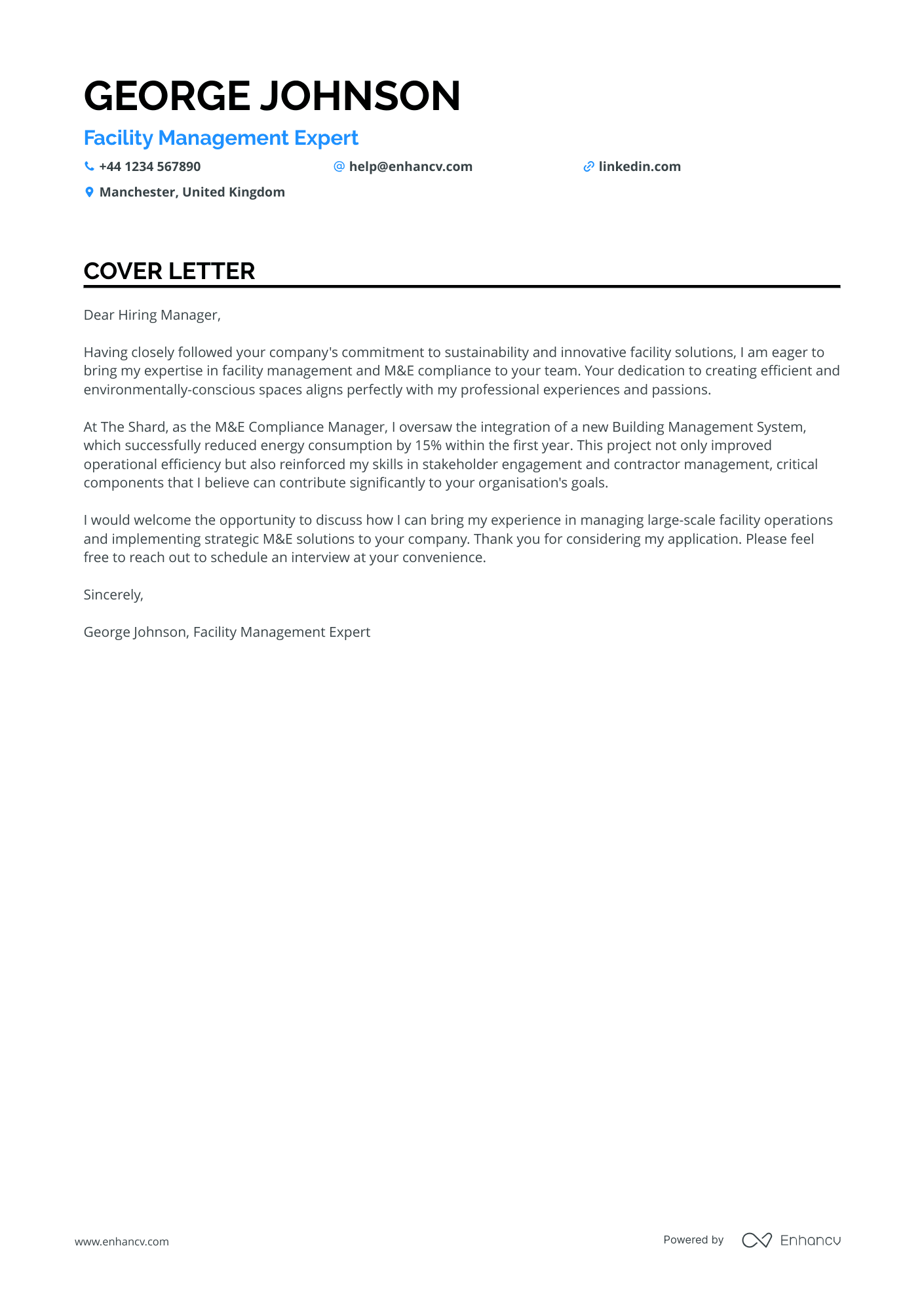 Facility Manager cover letter