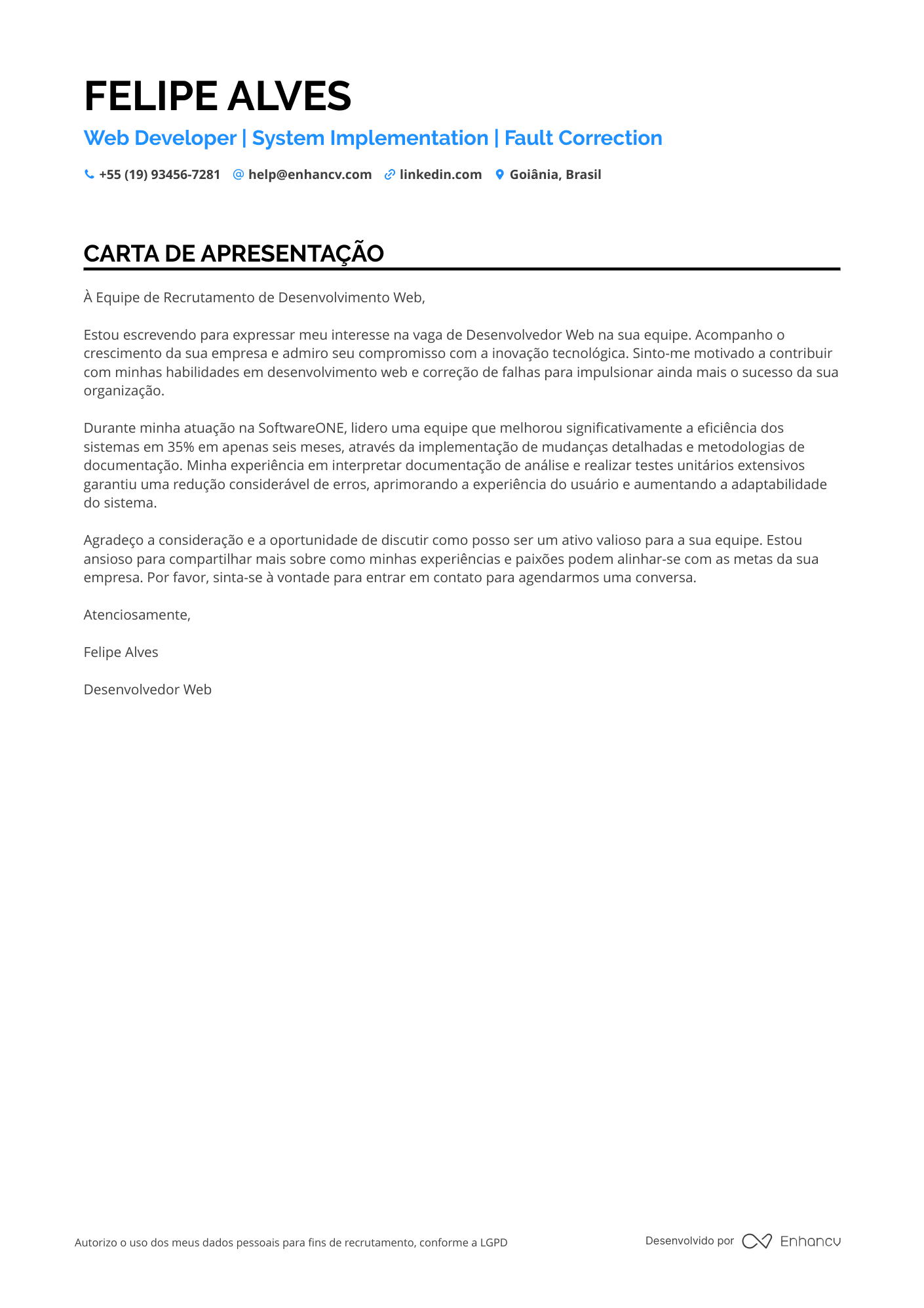 Desenvolvedor Web Carta de apresentação