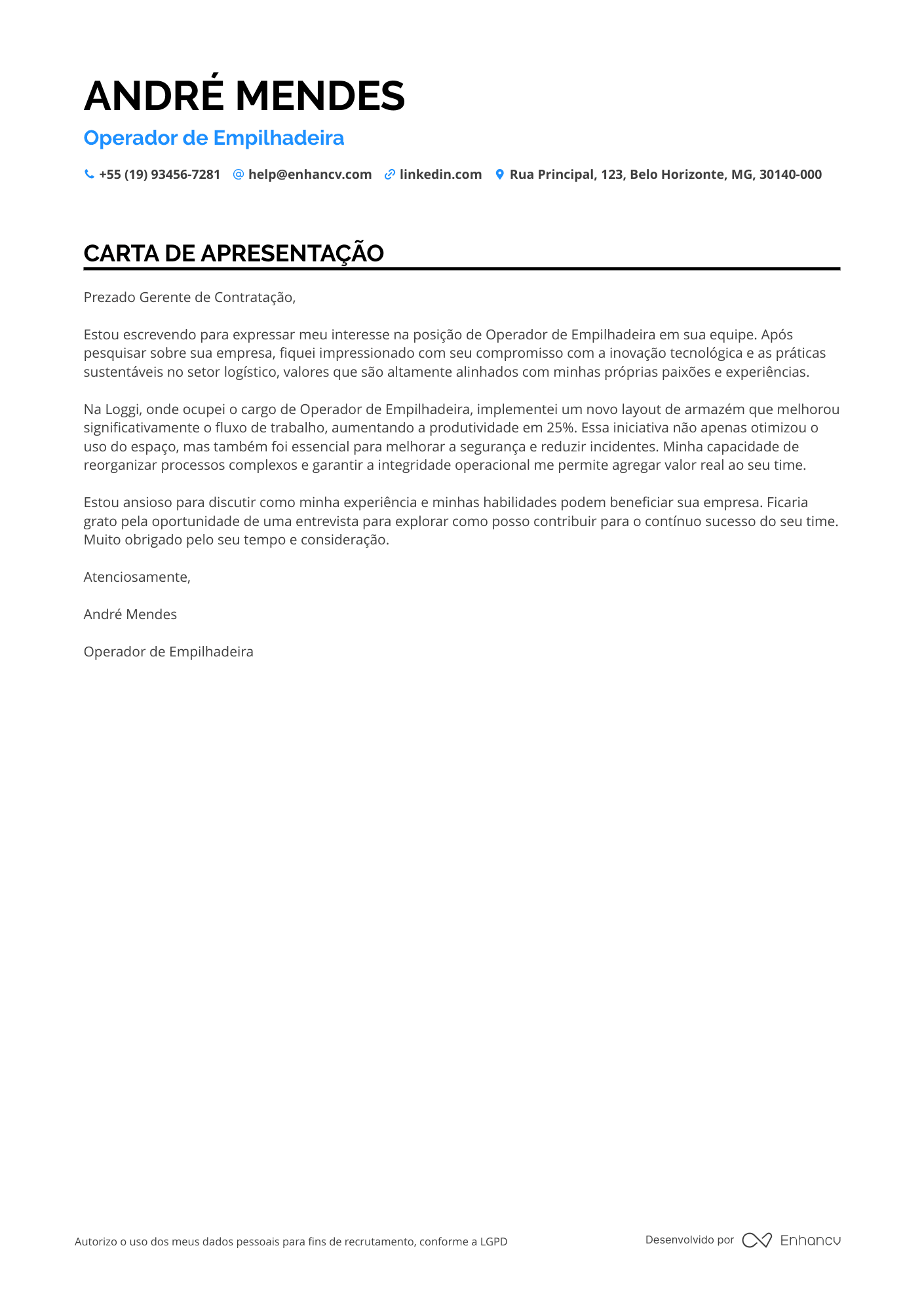 Operador de empilhadeira Carta de apresentação