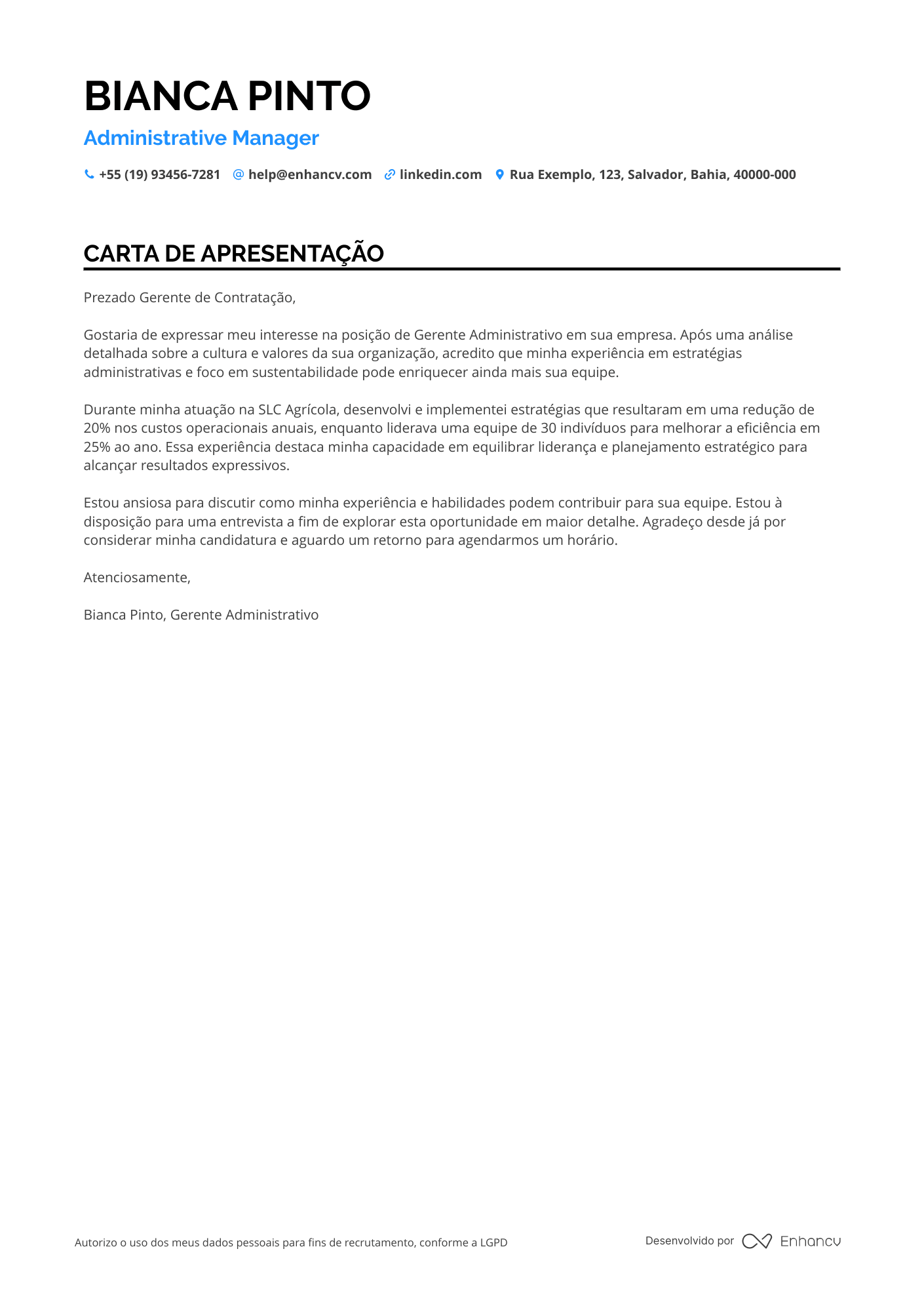 Gerente Administrativo Carta de apresentação