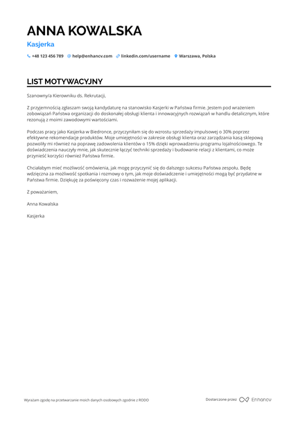 Kasjer List motywacyjny