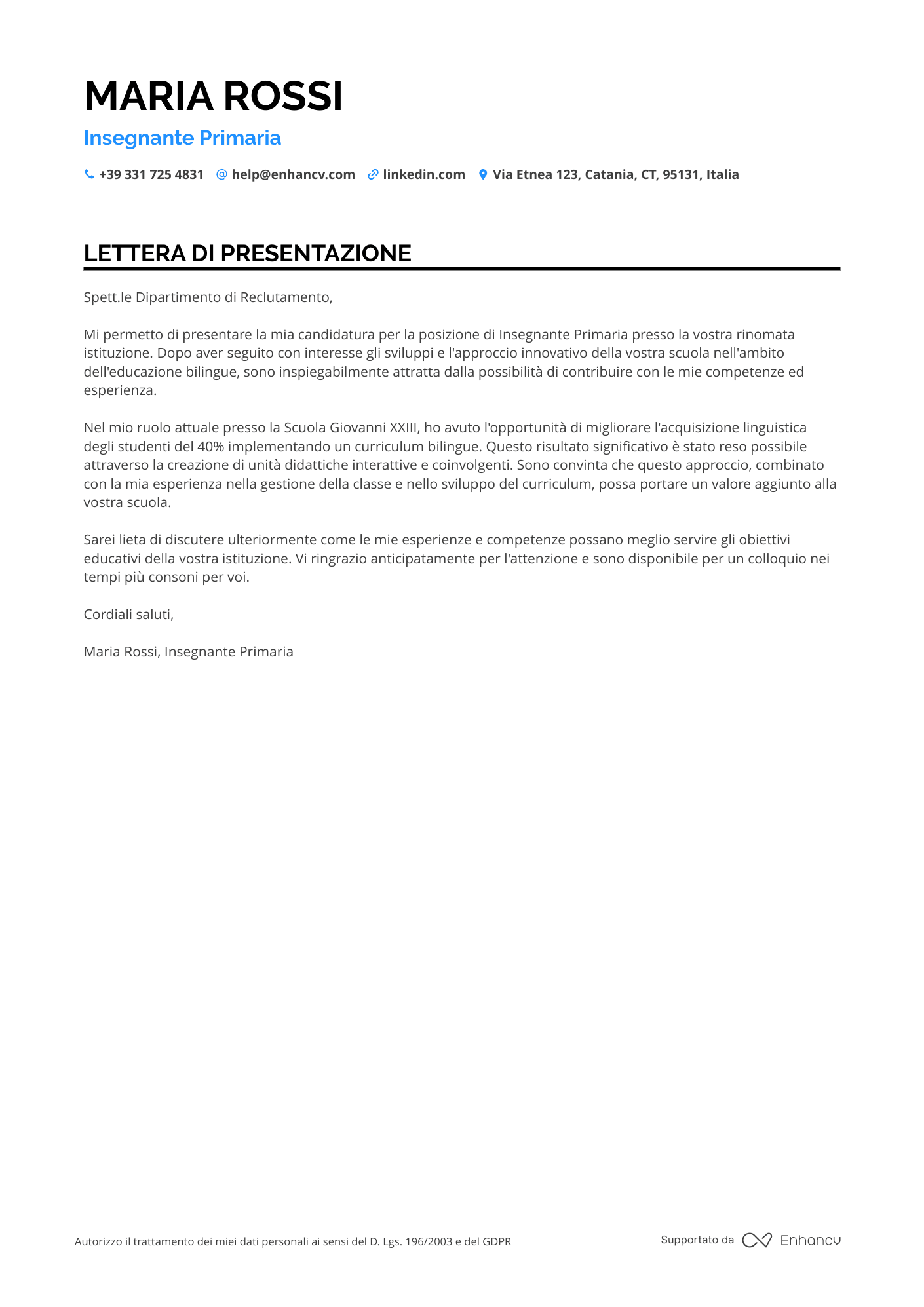 Insegnante Lettera di presentazione