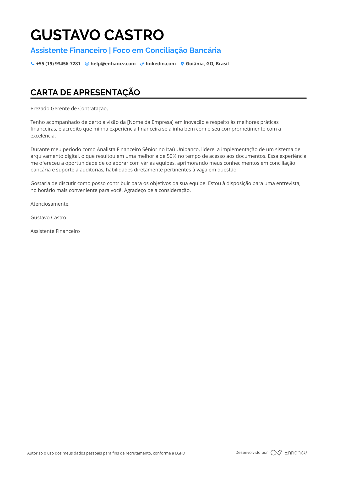 Assistente Financeiro Carta de apresentação
