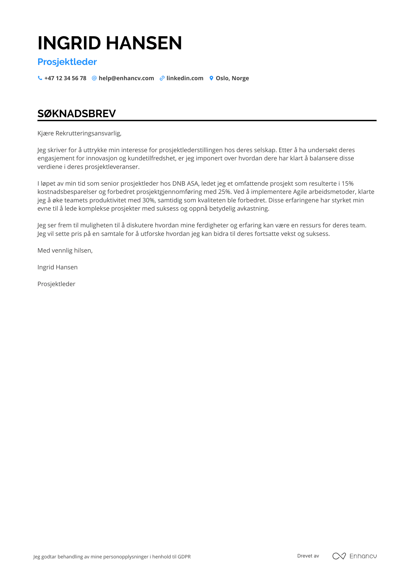 Prosjektleder Søknadsbrev