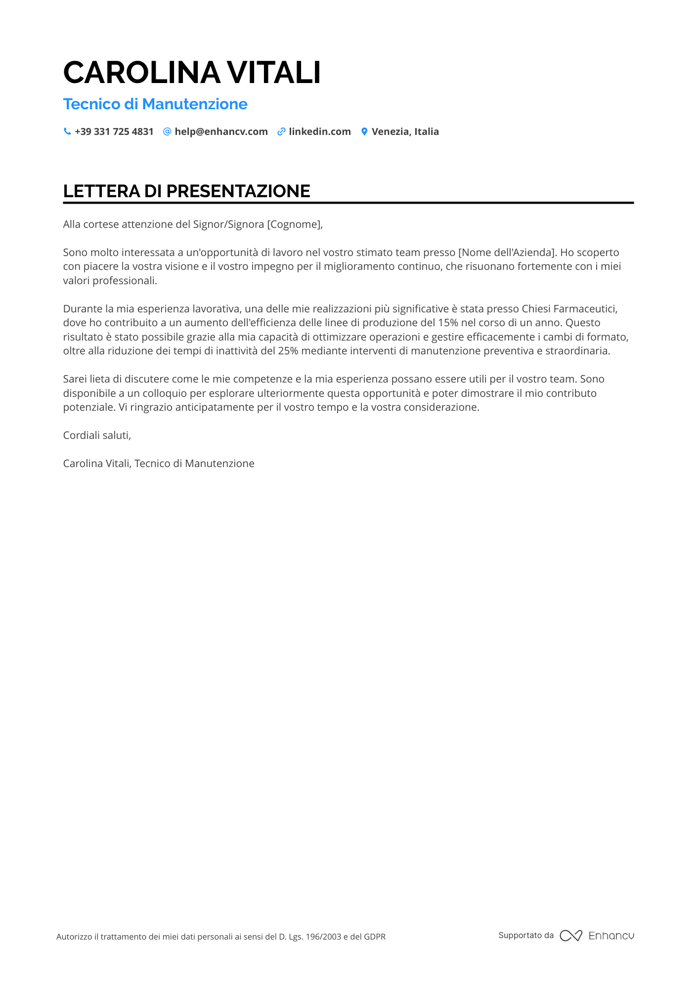 Meccanico Lettera di presentazione