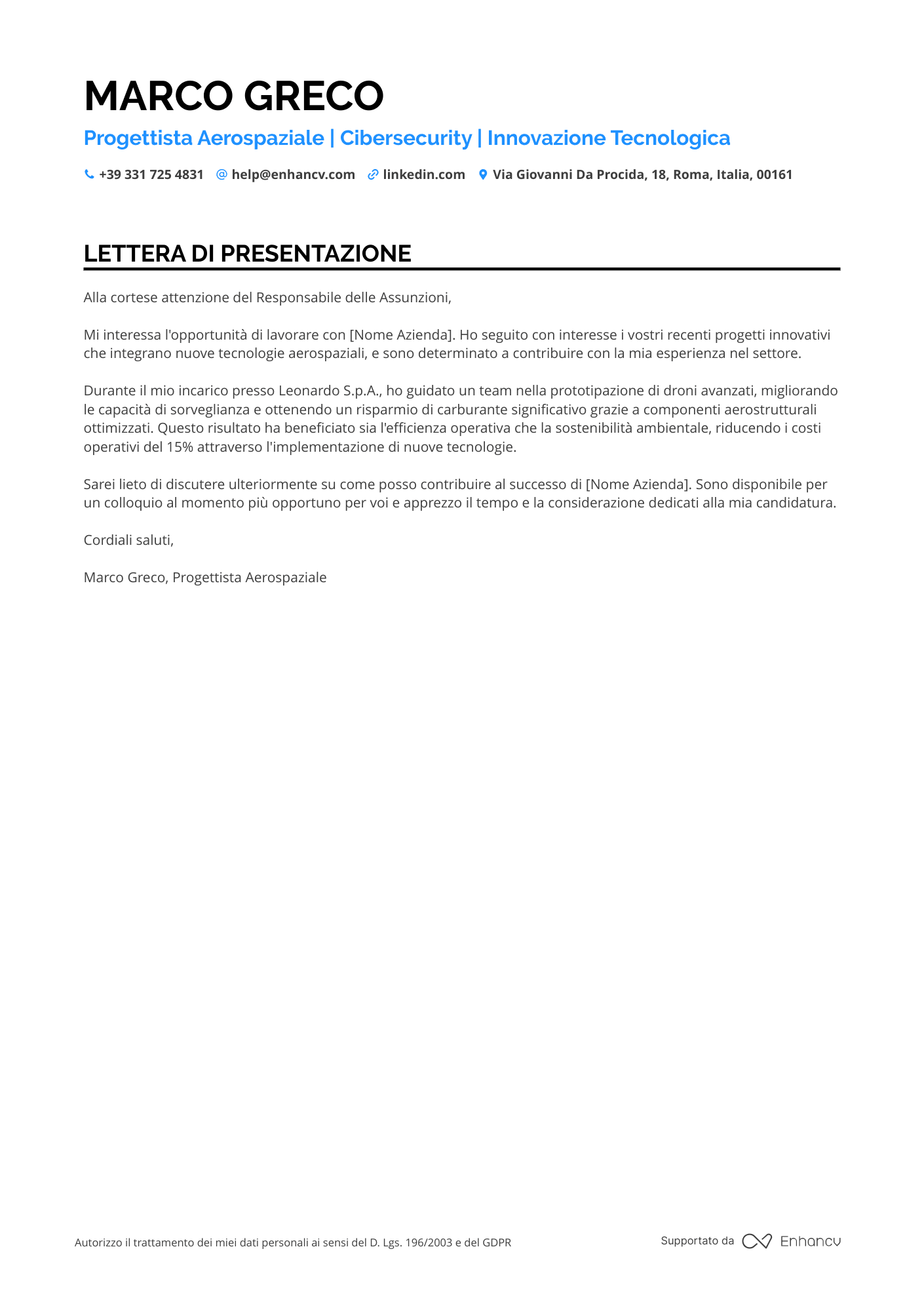 Ingegnere Software Lettera di presentazione