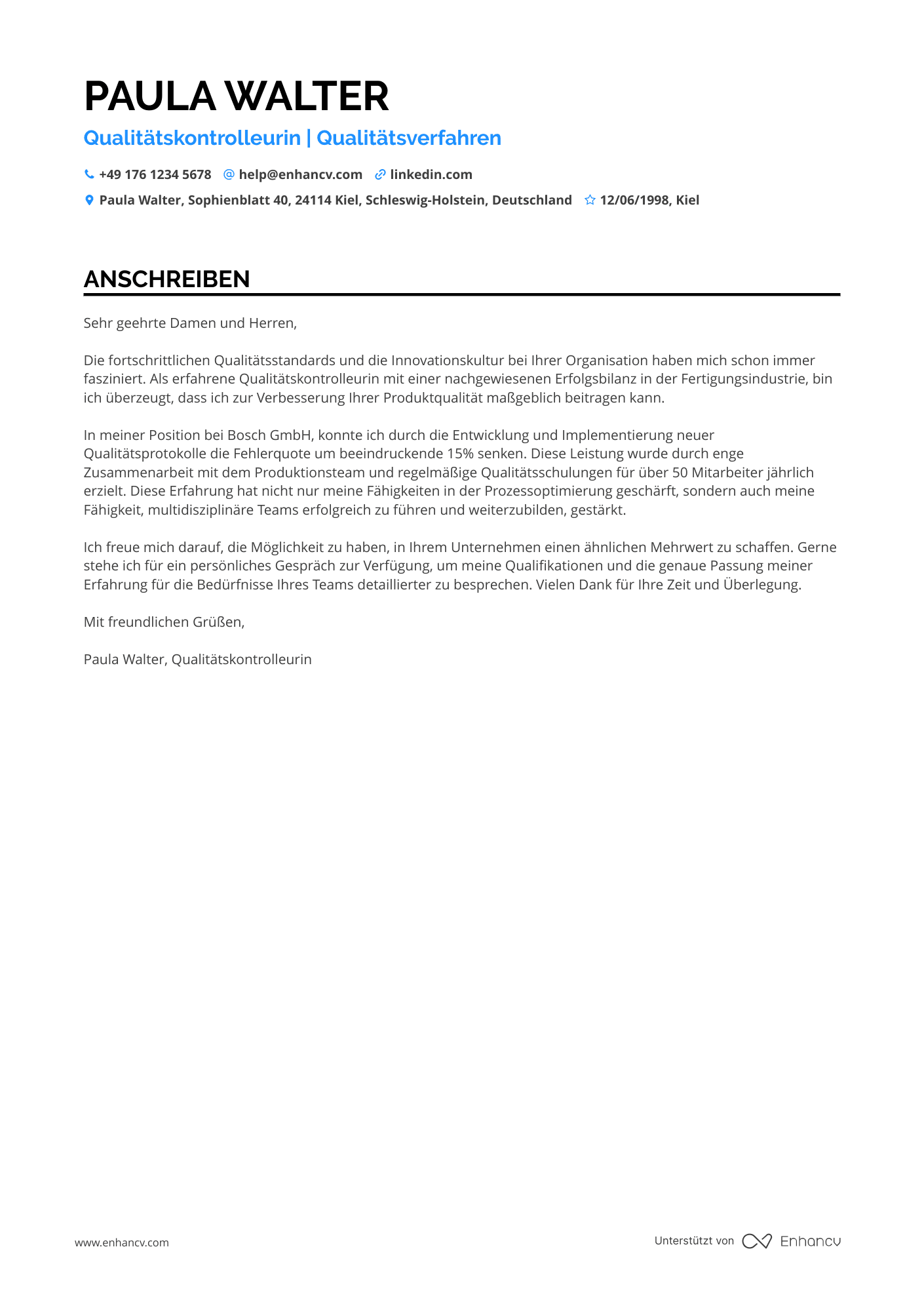 Qualitätskontrolleur Anschreiben