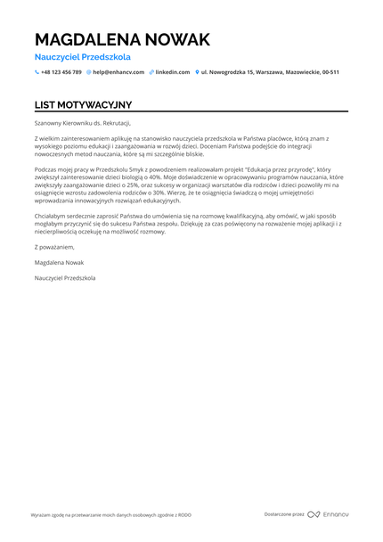 Nauczyciel Przedszkola List motywacyjny