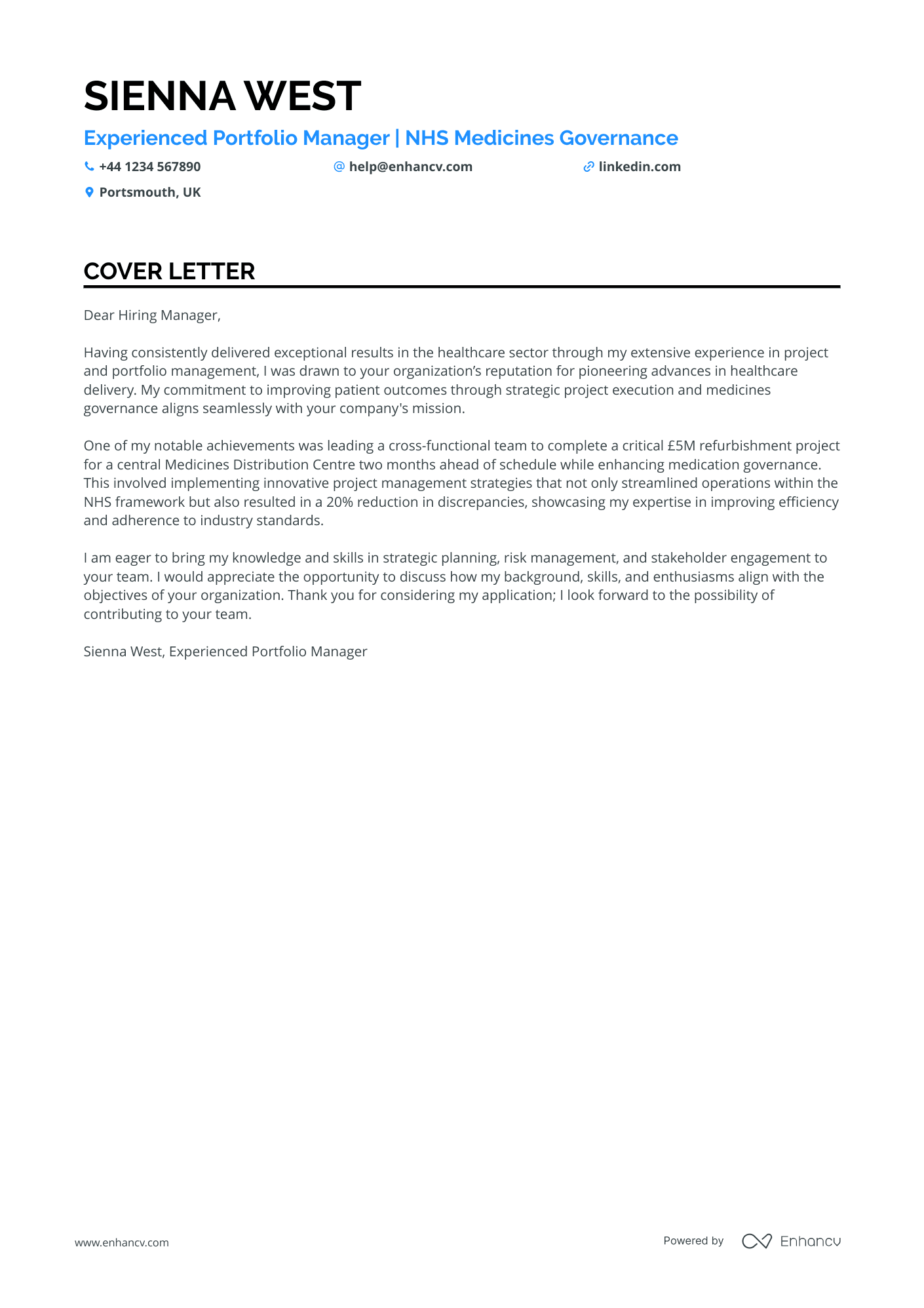 Portfolio Manager cover letter