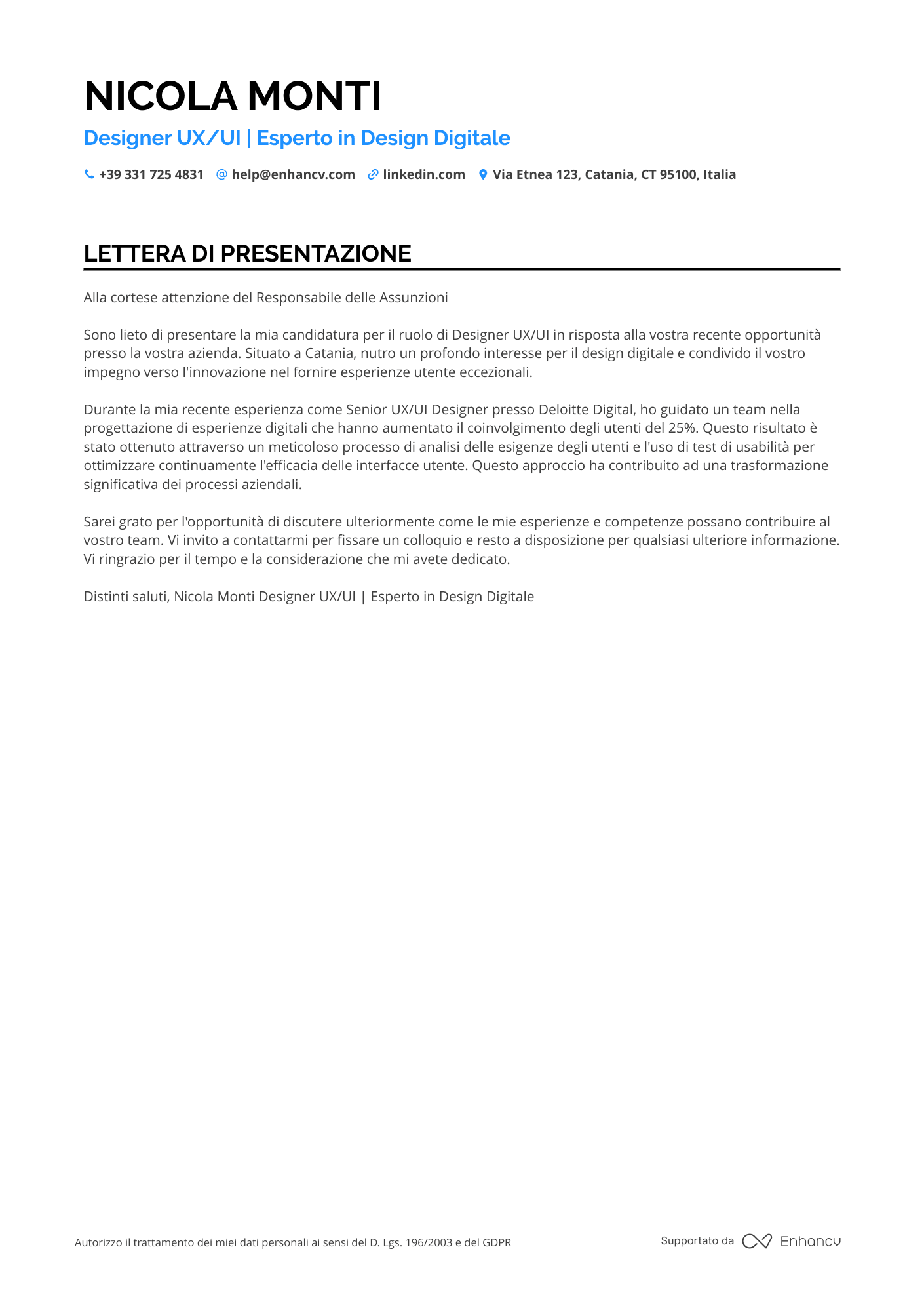 Designer Lettera di presentazione