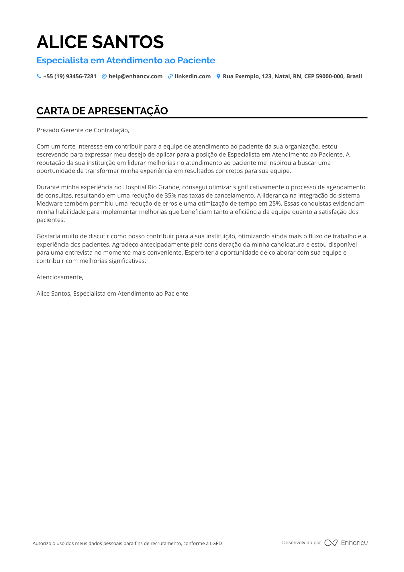 Estudante de Enfermagem Carta de apresentação