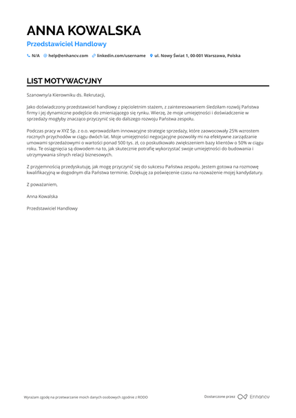Przedstawiciel Handlowy List motywacyjny