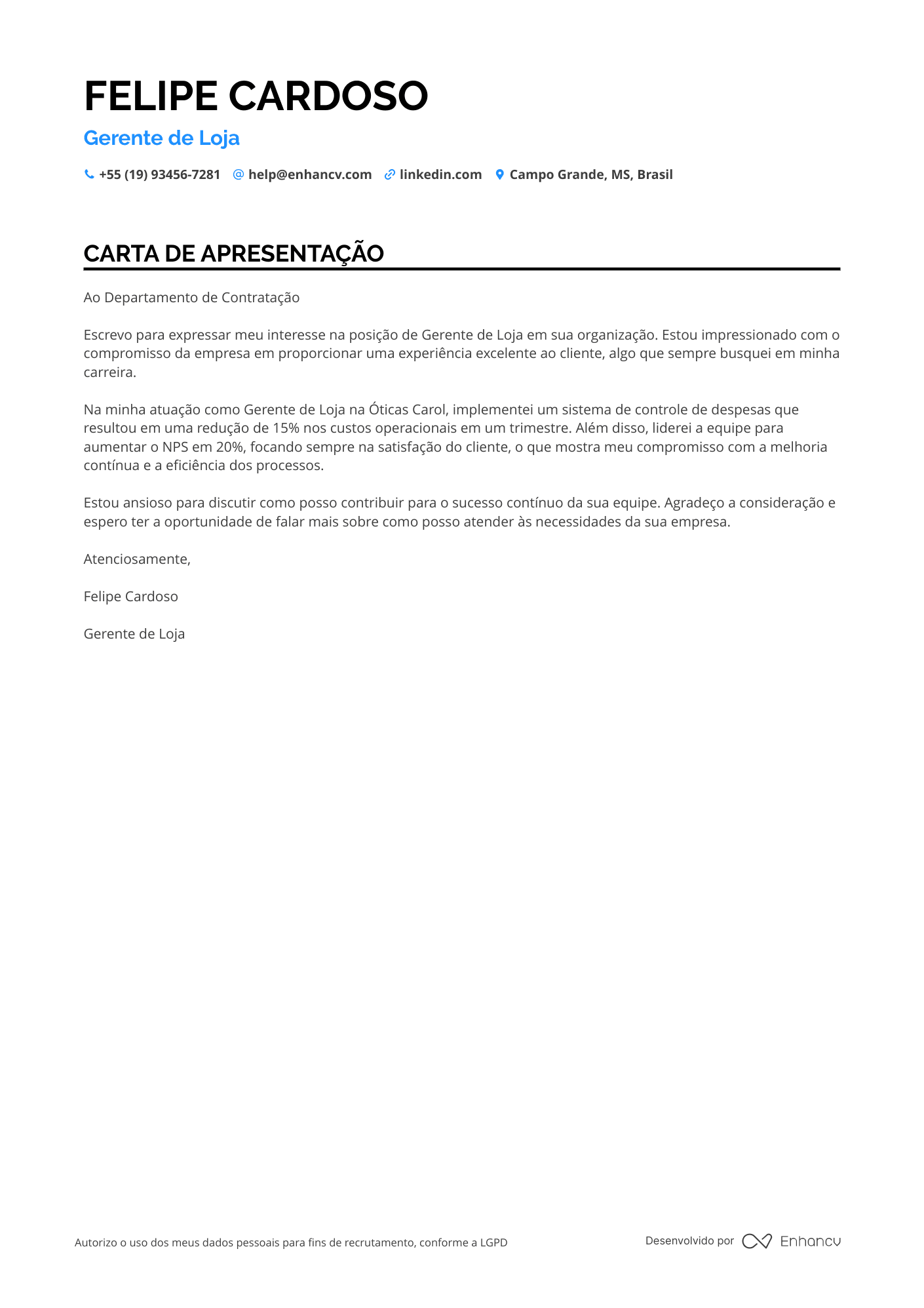 Gerente de Loja Carta de apresentação