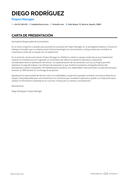 Project Manager Carta de presentación