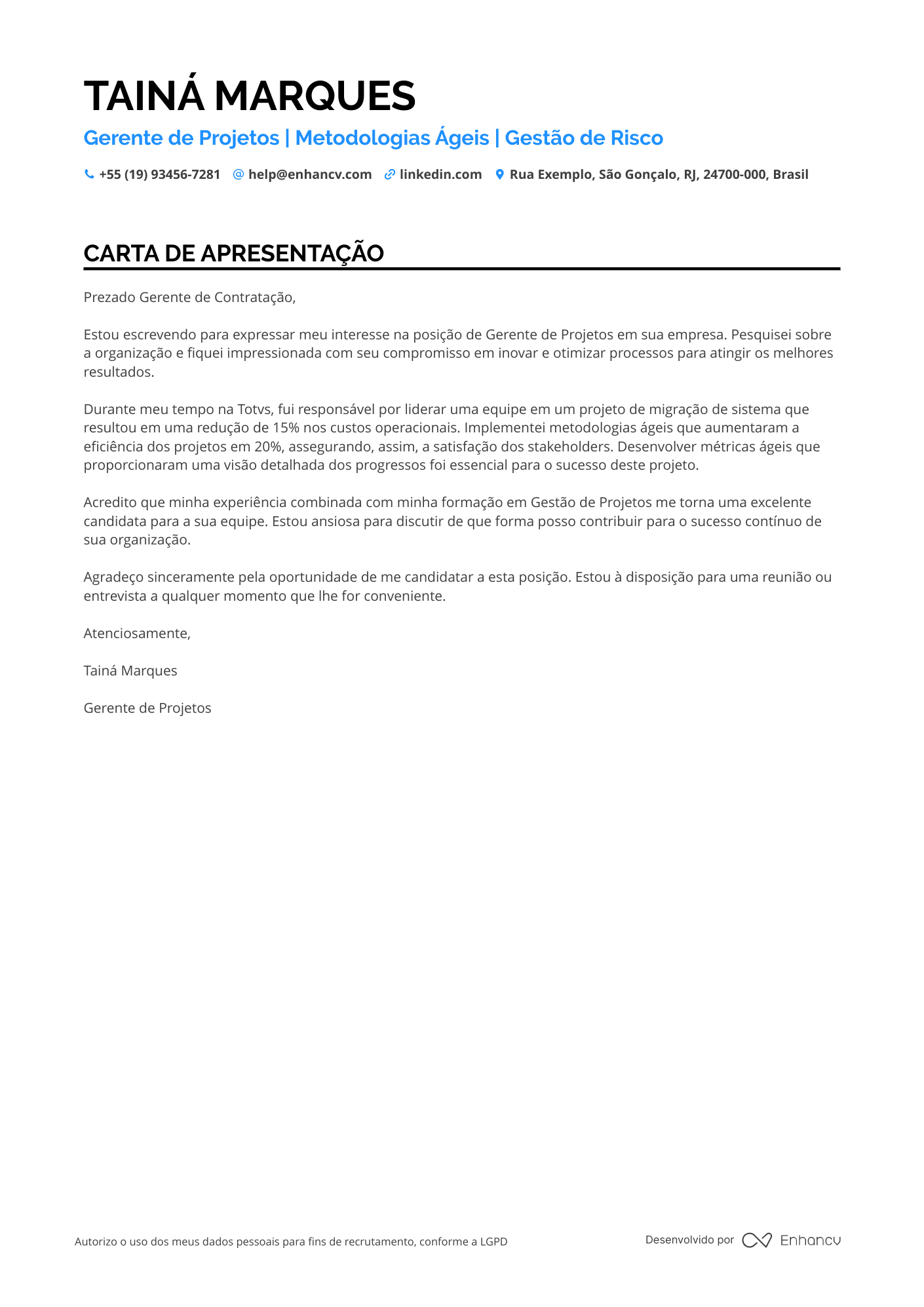 Gerenciamento de projetos Carta de apresentação