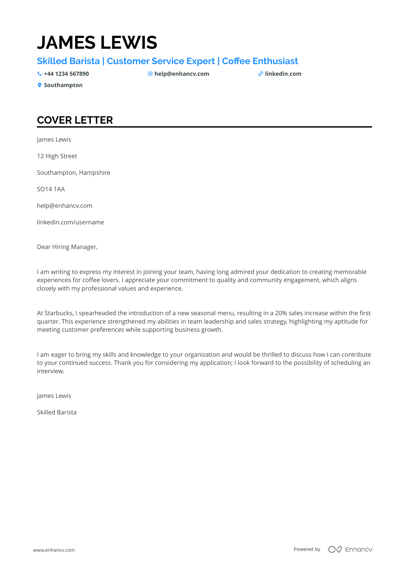 Barista cover letter