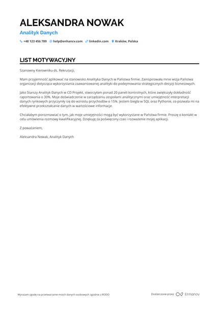 Analityk Danych List motywacyjny