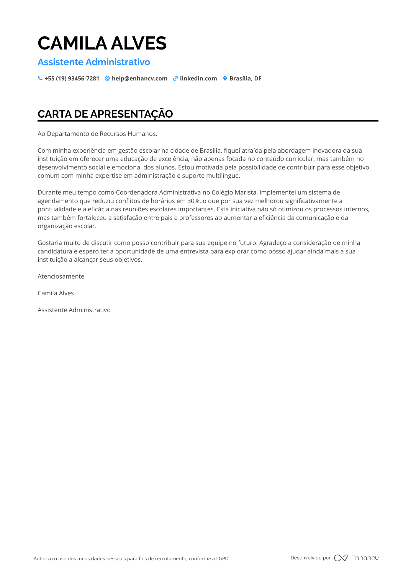 Secretária Escolar Carta de apresentação