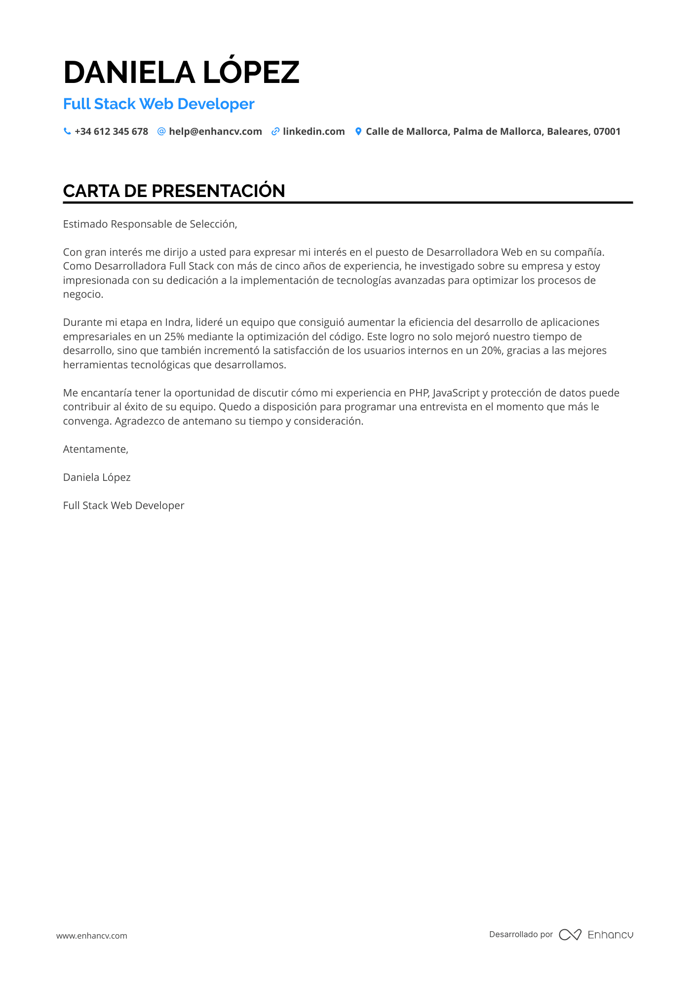 Desarrollador Web Carta de presentación