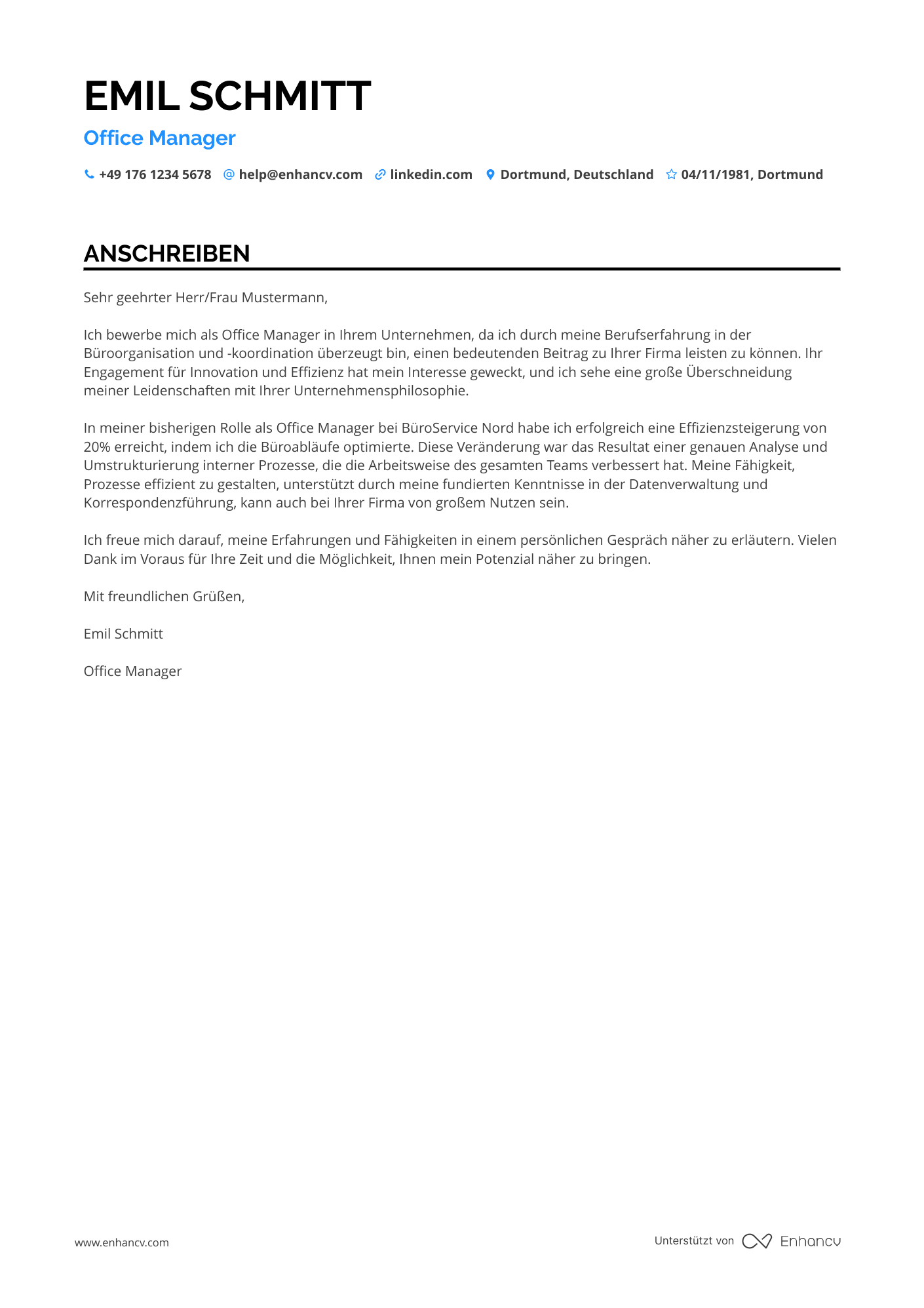 Verwaltungsassistent Anschreiben