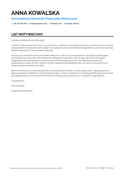 Mechanik List motywacyjny