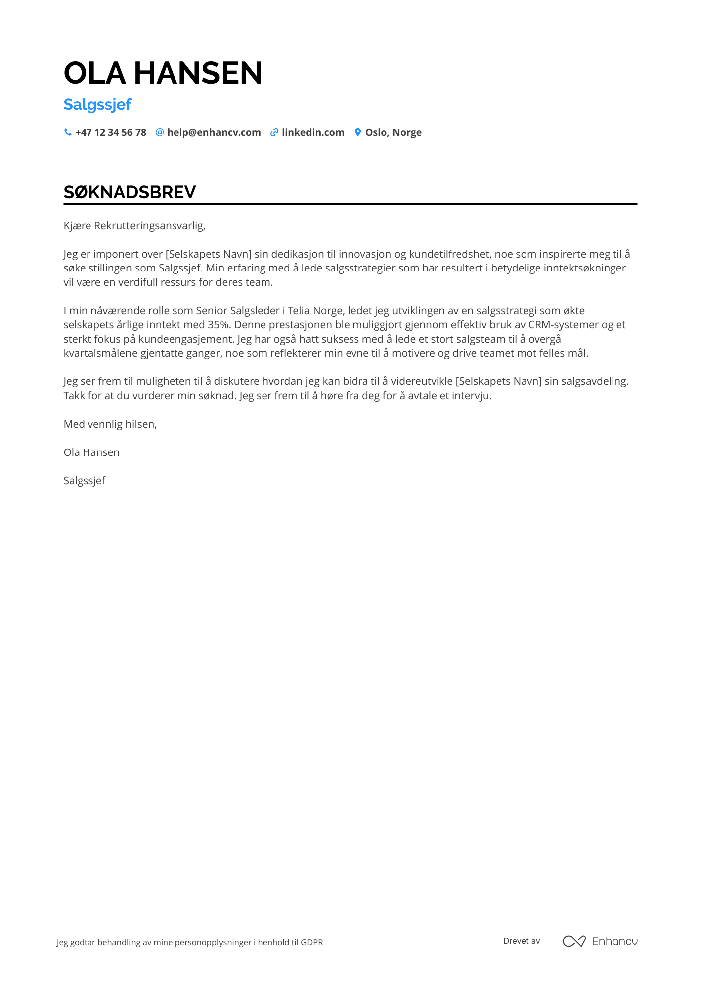 Salgssjef Søknadsbrev
