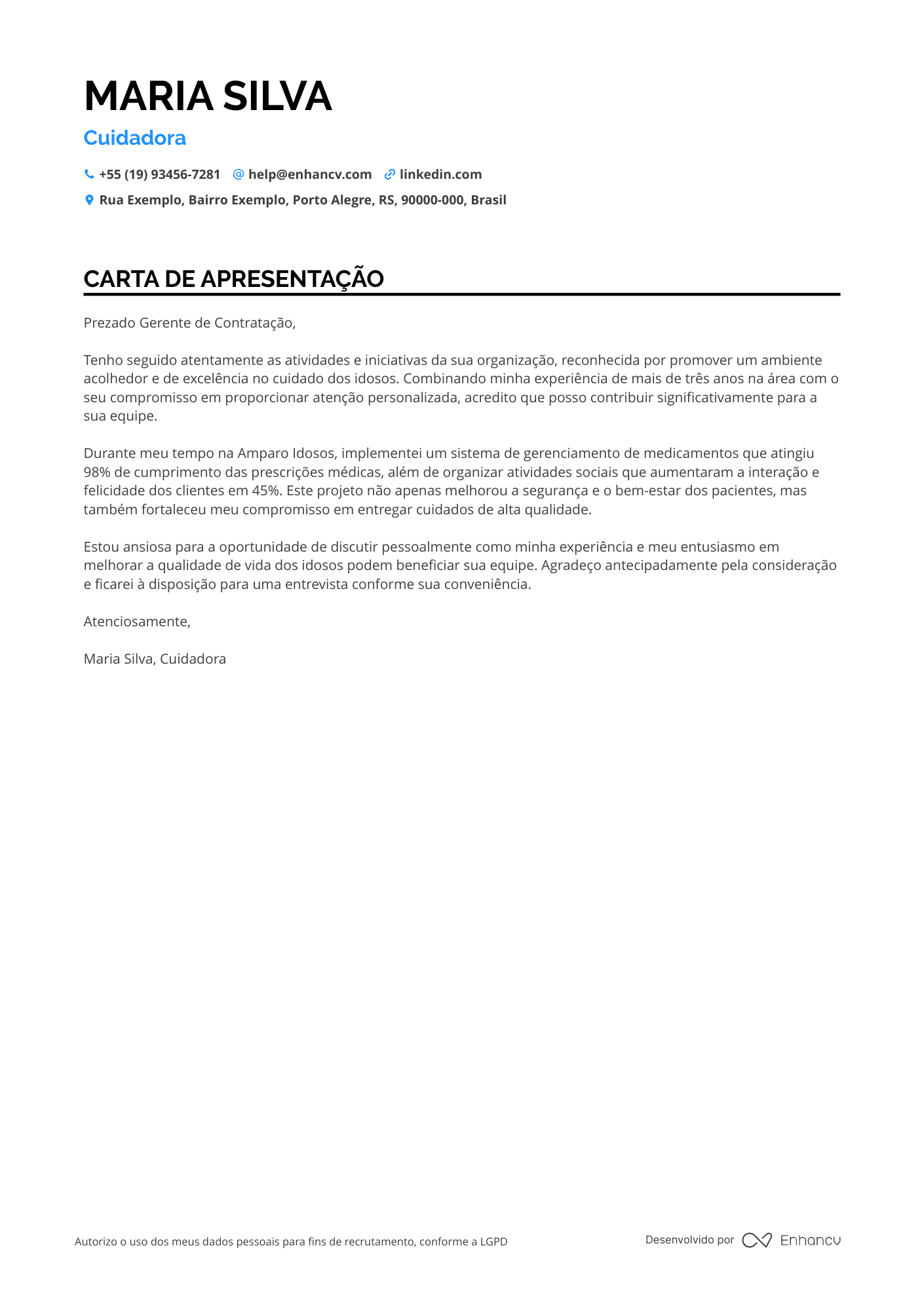 Cuidador de Idosos Carta de apresentação