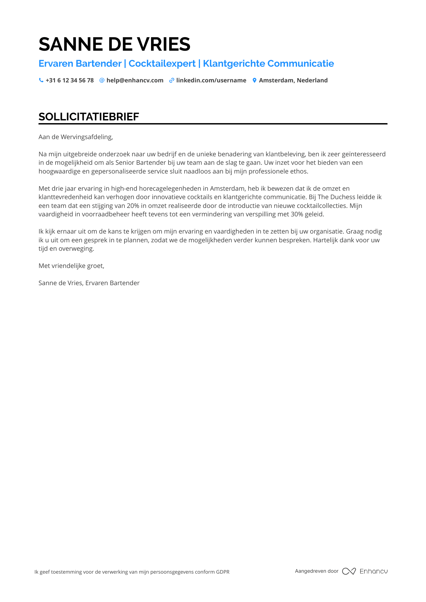 Bartender Motivatiebrief