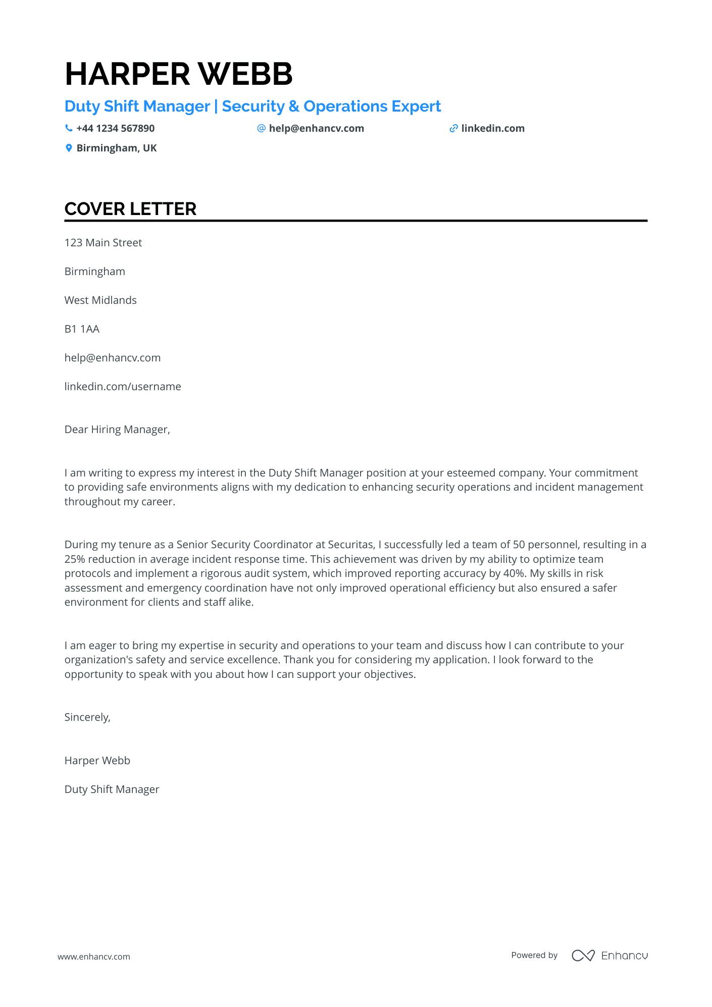 Security Manager cover letter