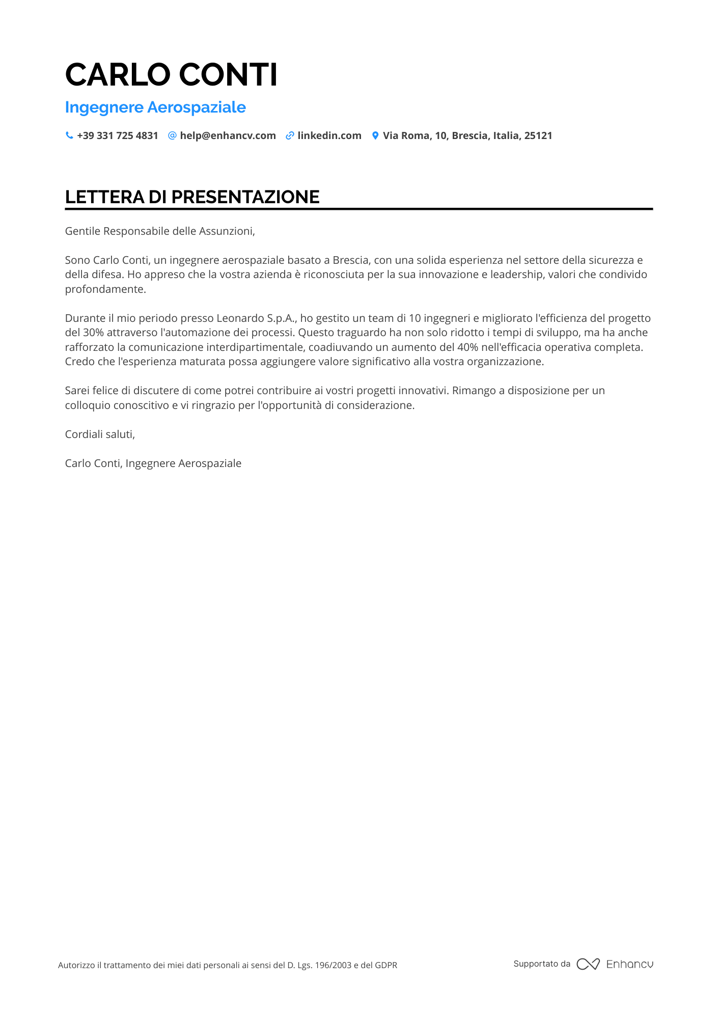 Manager Lettera di presentazione