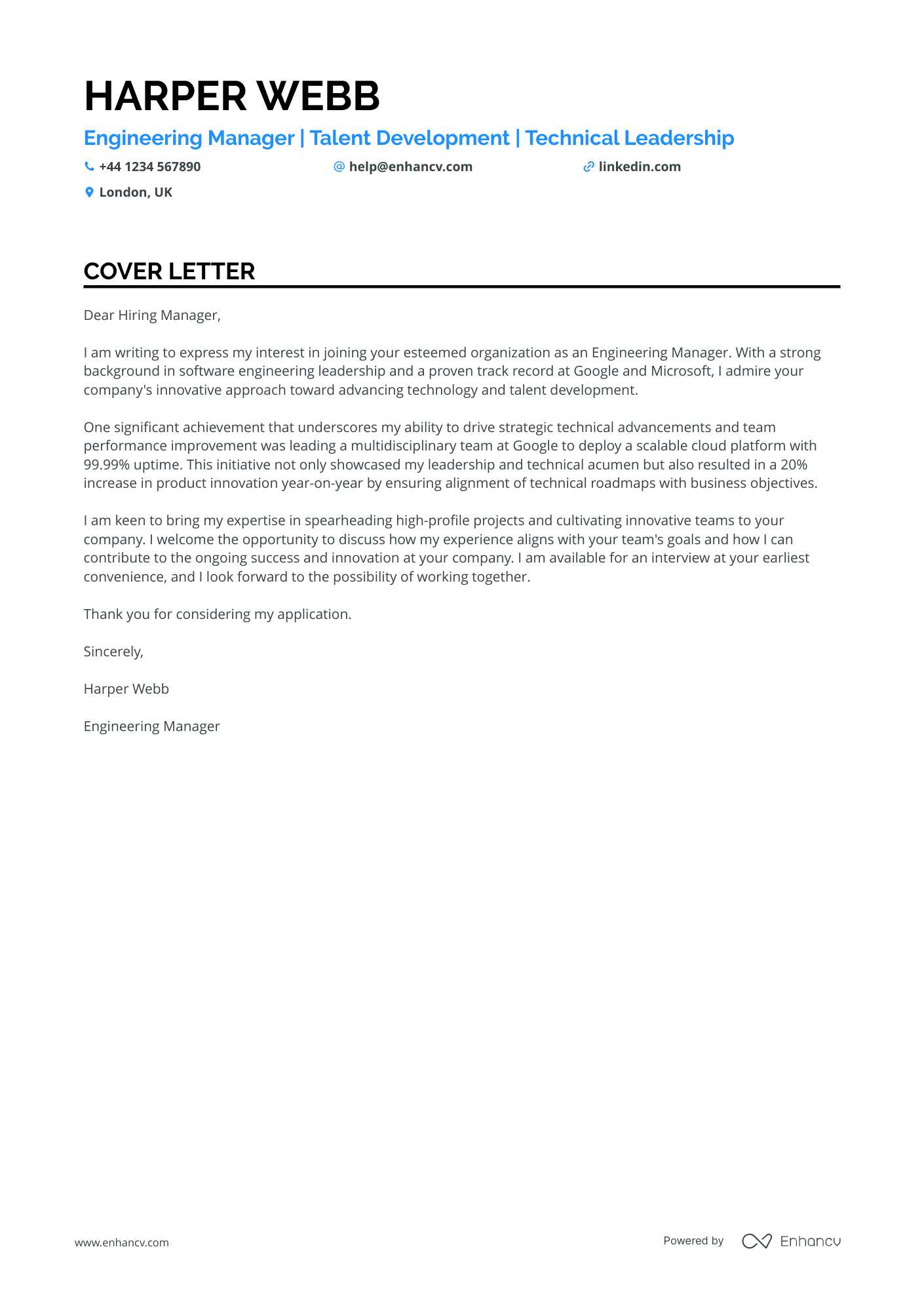 Engineering Manager cover letter