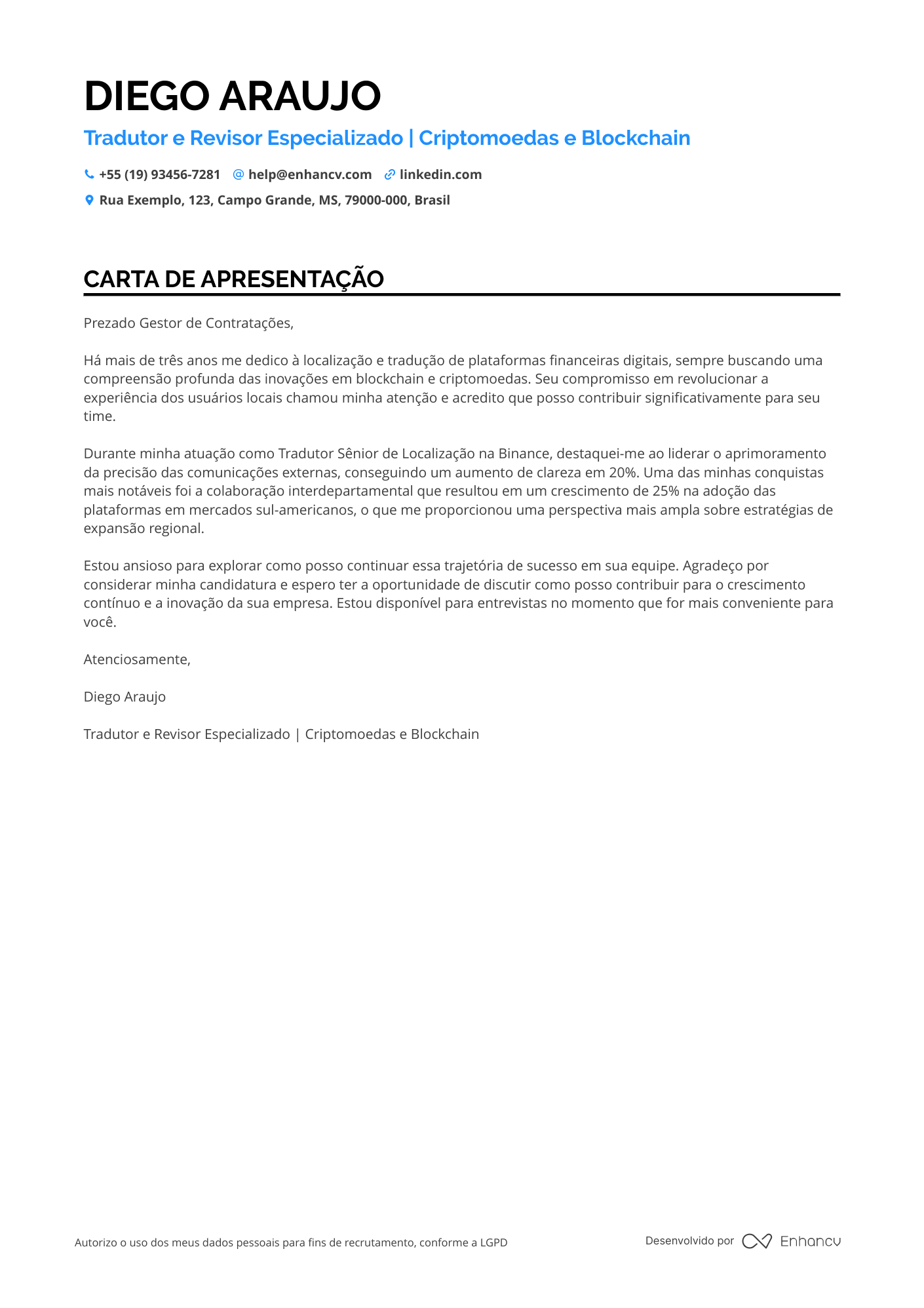 Tradutor Carta de apresentação