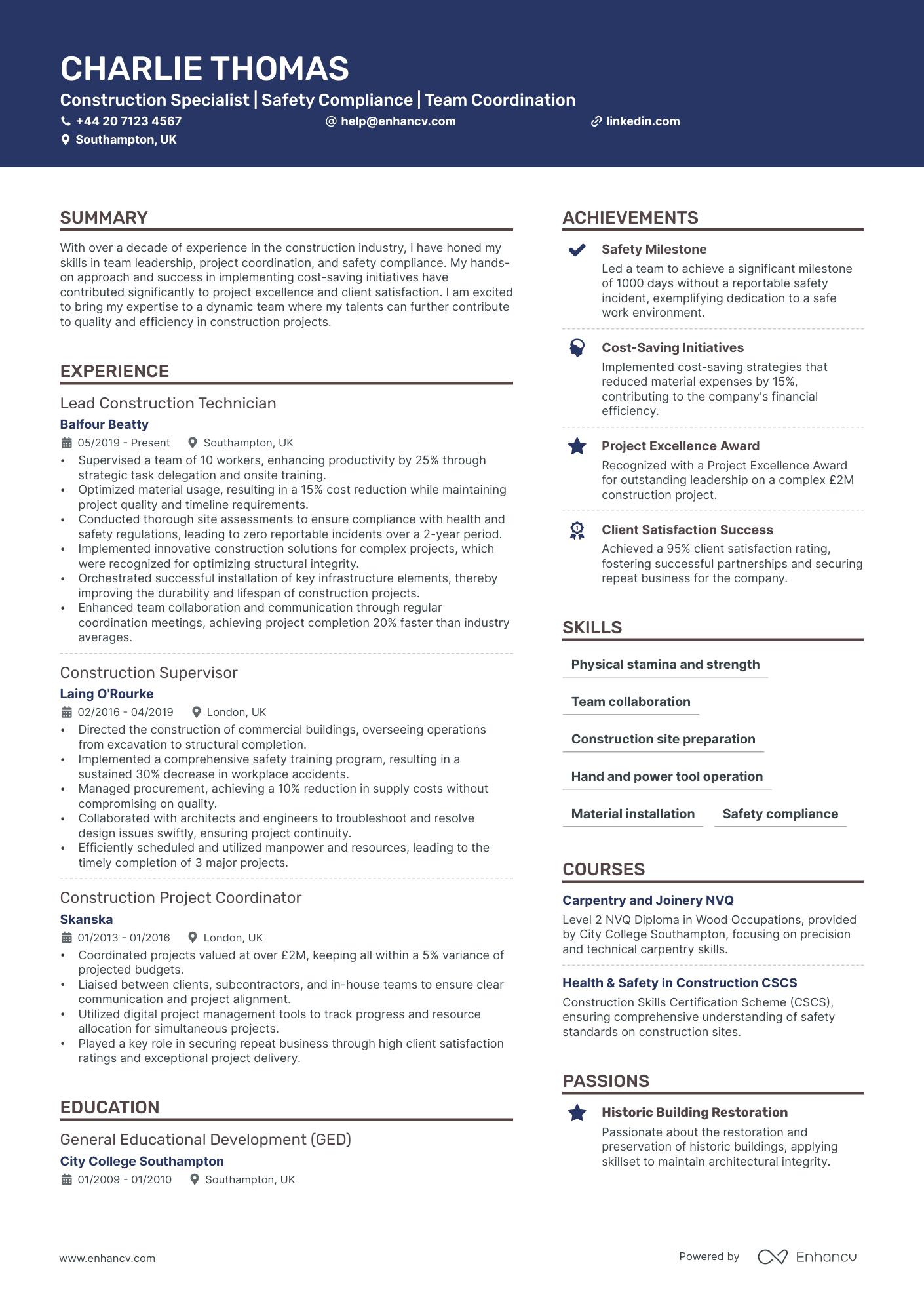Construction Worker CV Examples & Guide for 2025