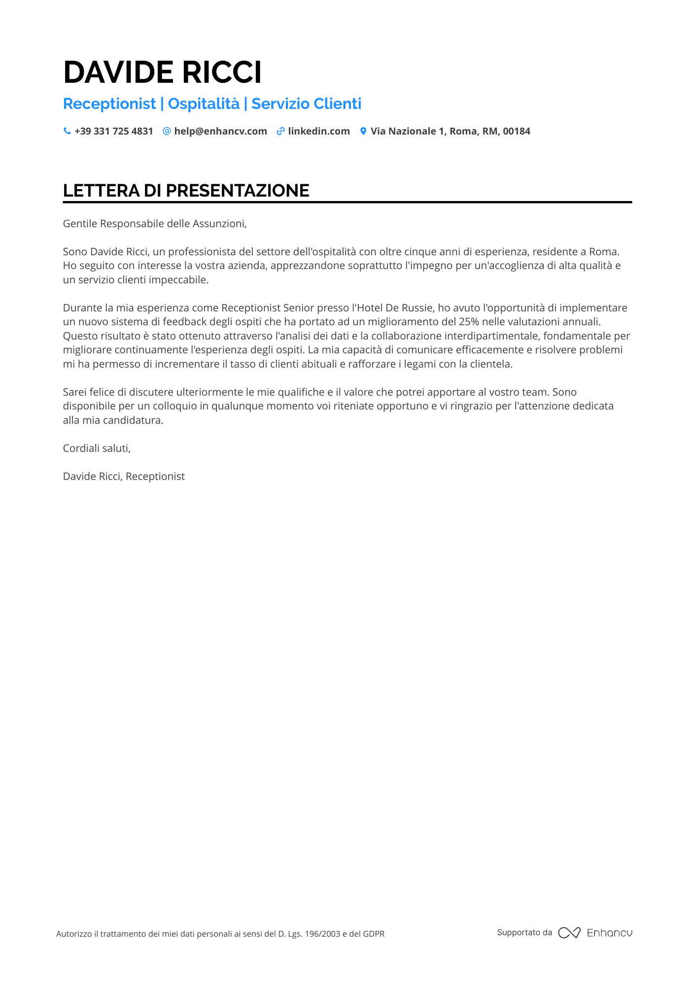 Receptionist Lettera di presentazione