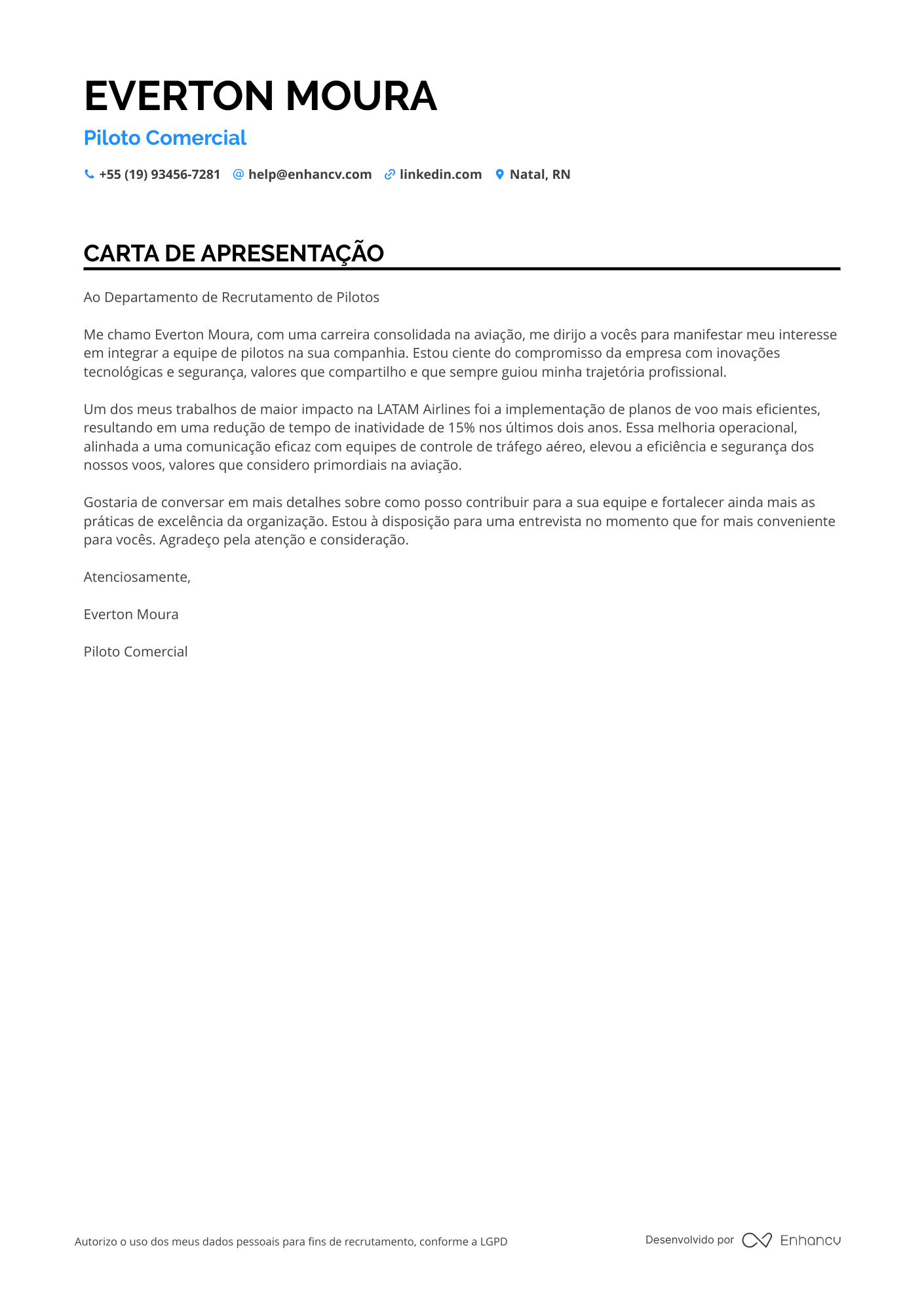 Piloto Carta de apresentação