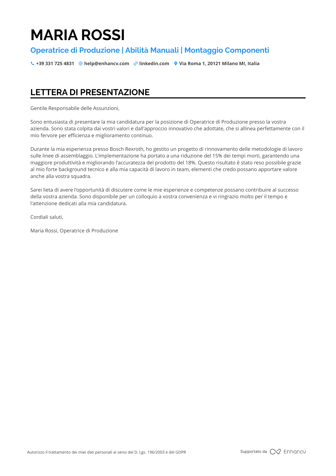 Operaio Lettera di presentazione