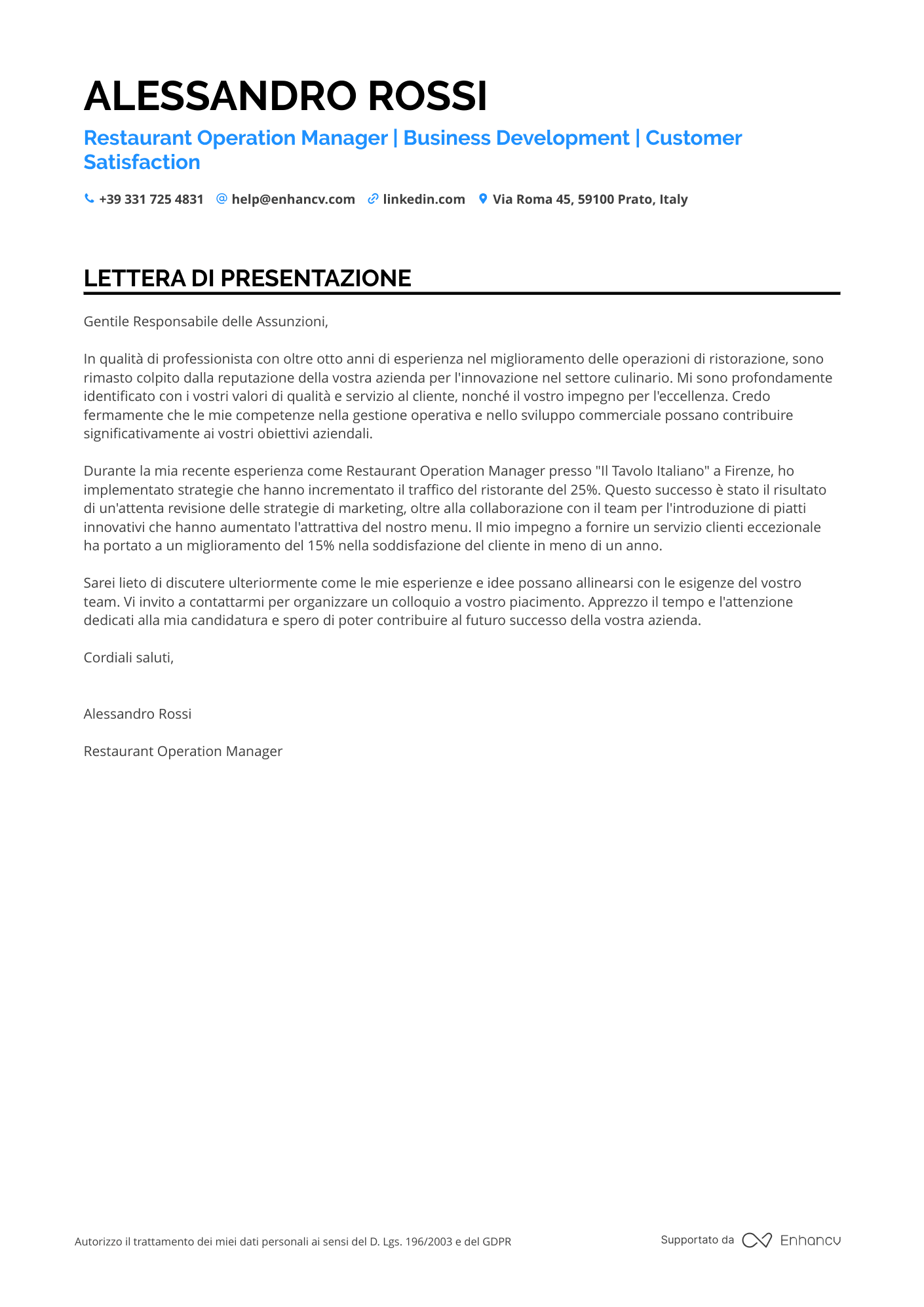 Barista Lettera di presentazione