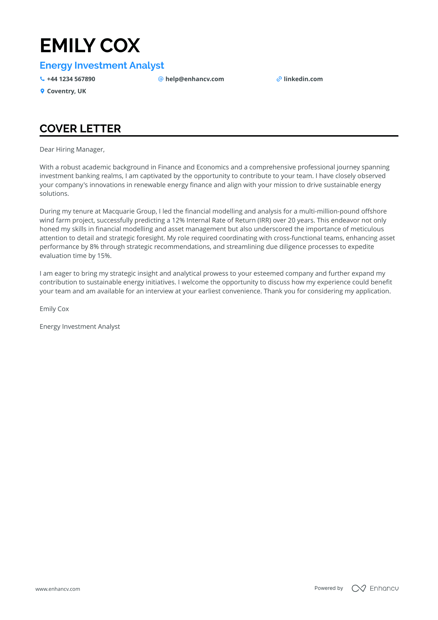 Investment Banking cover letter