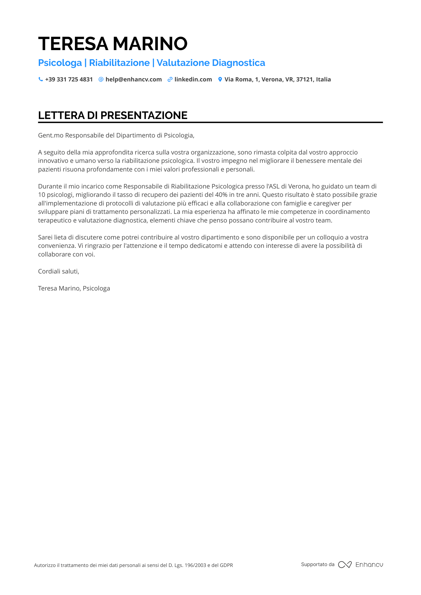 Psicologo Lettera di presentazione