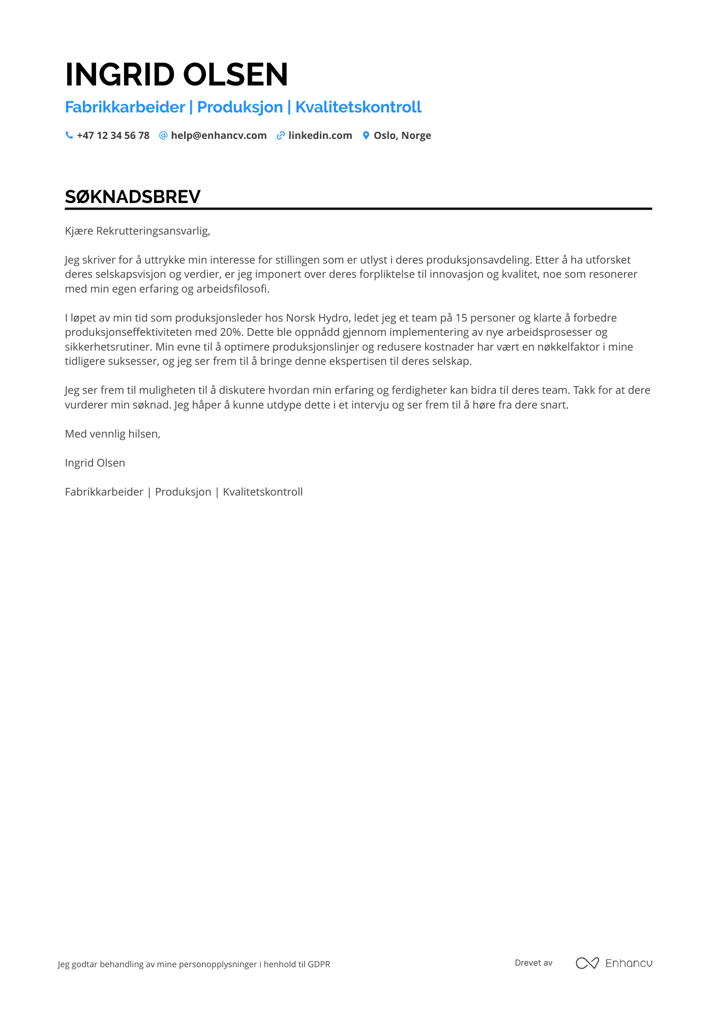 Fabrikkarbeider Søknadsbrev