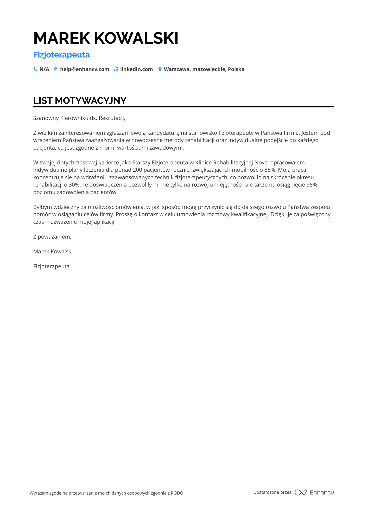 Fizjoterapeuta List motywacyjny