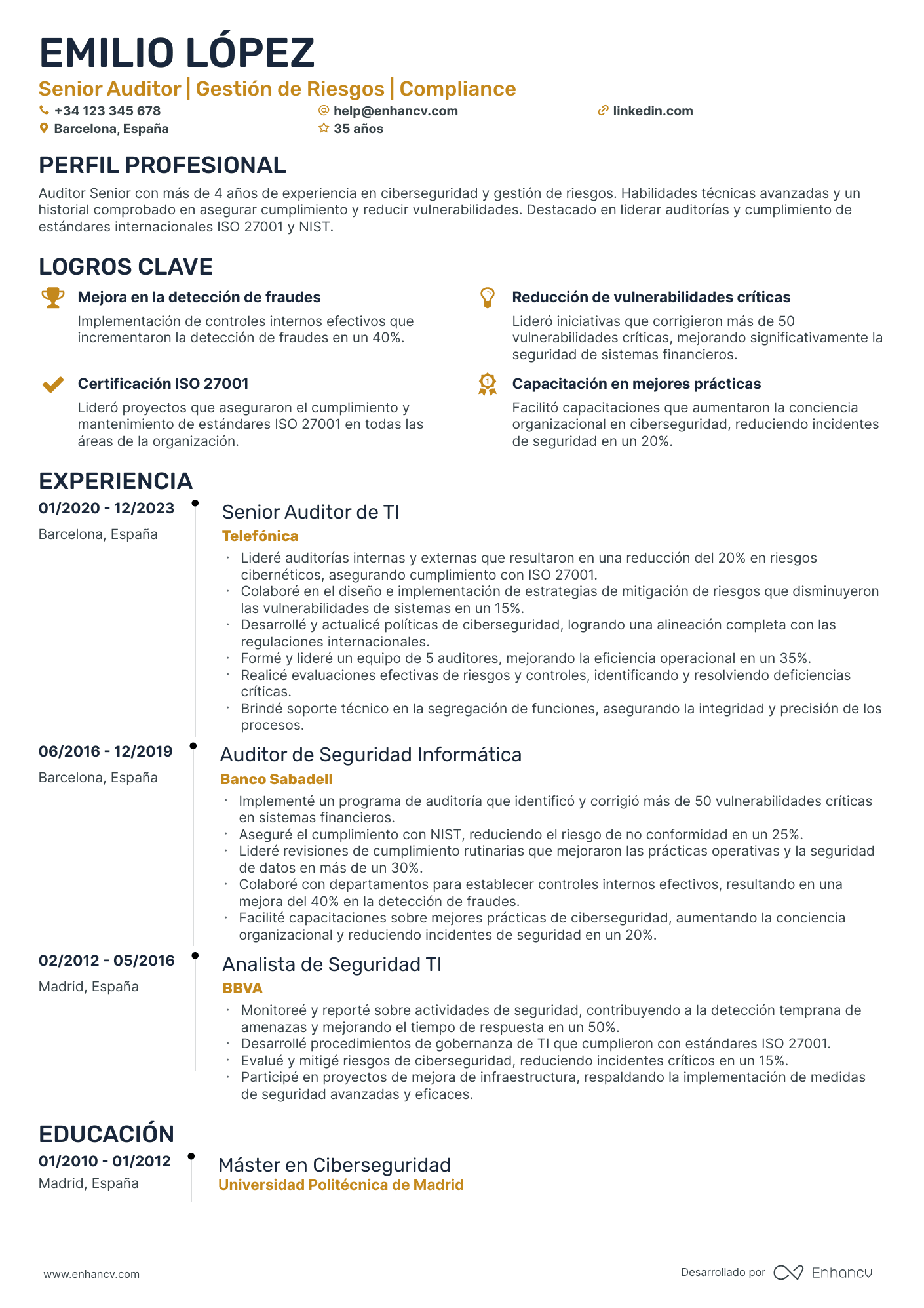 Auditor de Informática resume example