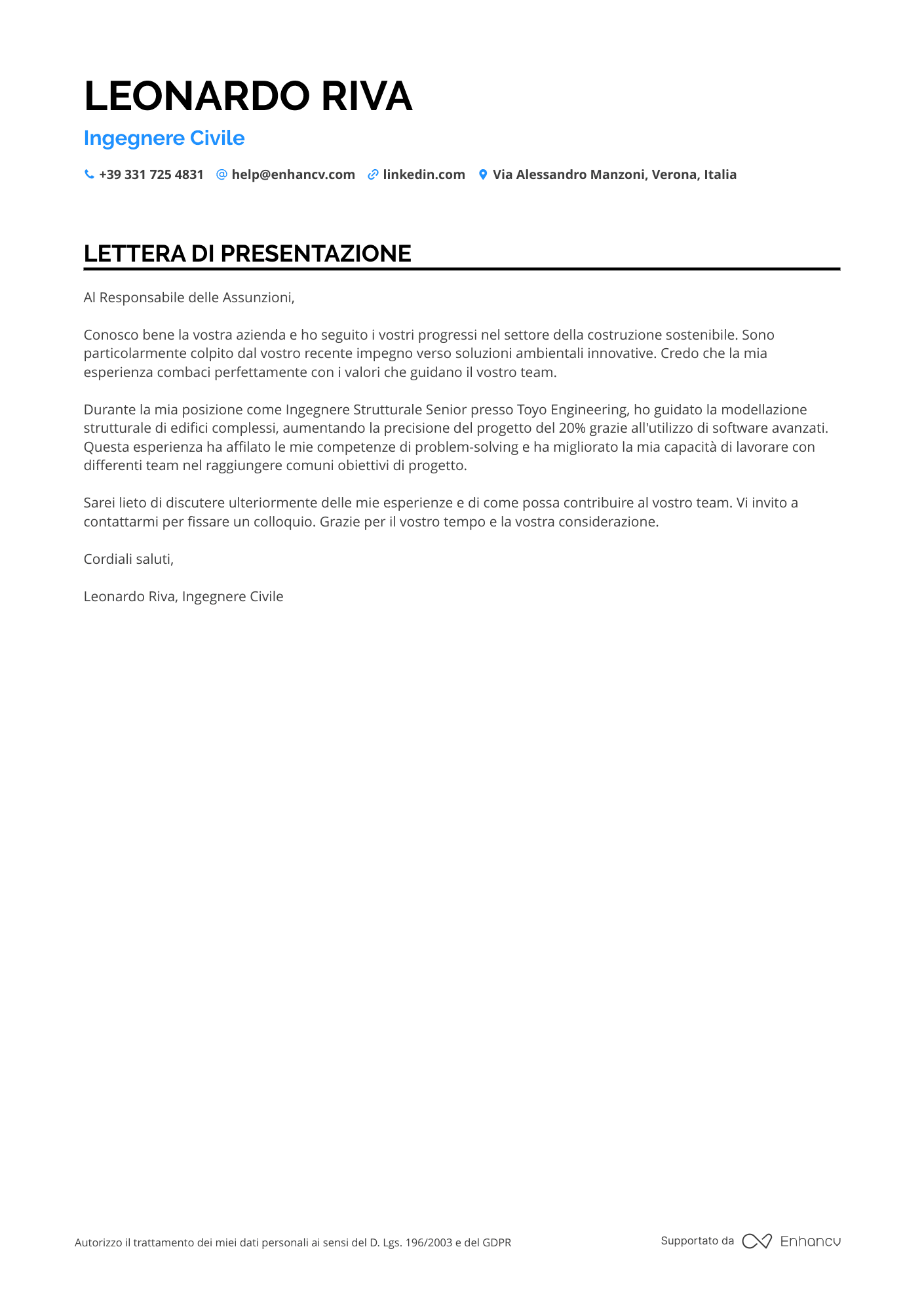 Ingegnere Civile Lettera di presentazione