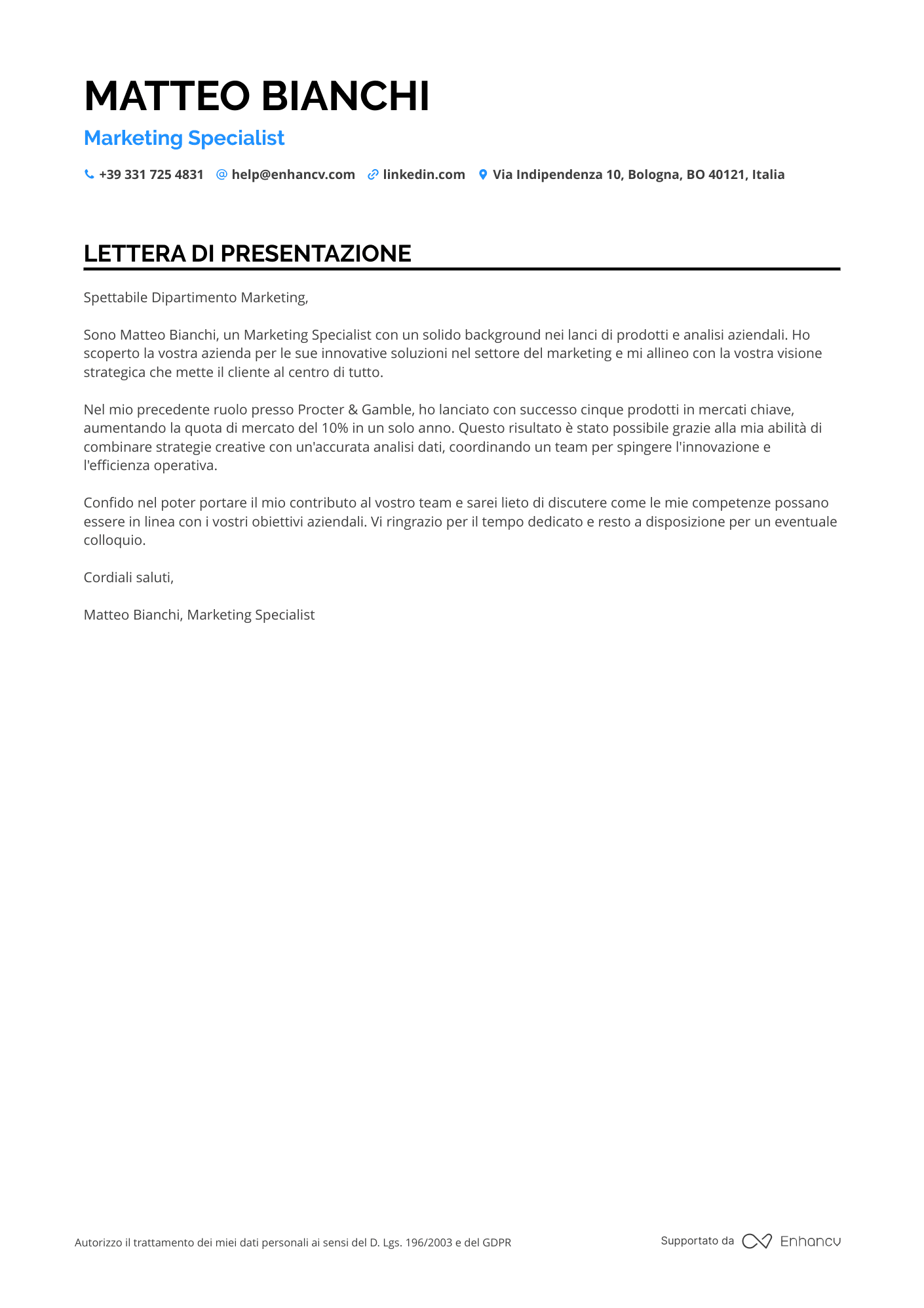 Marketing Lettera di presentazione