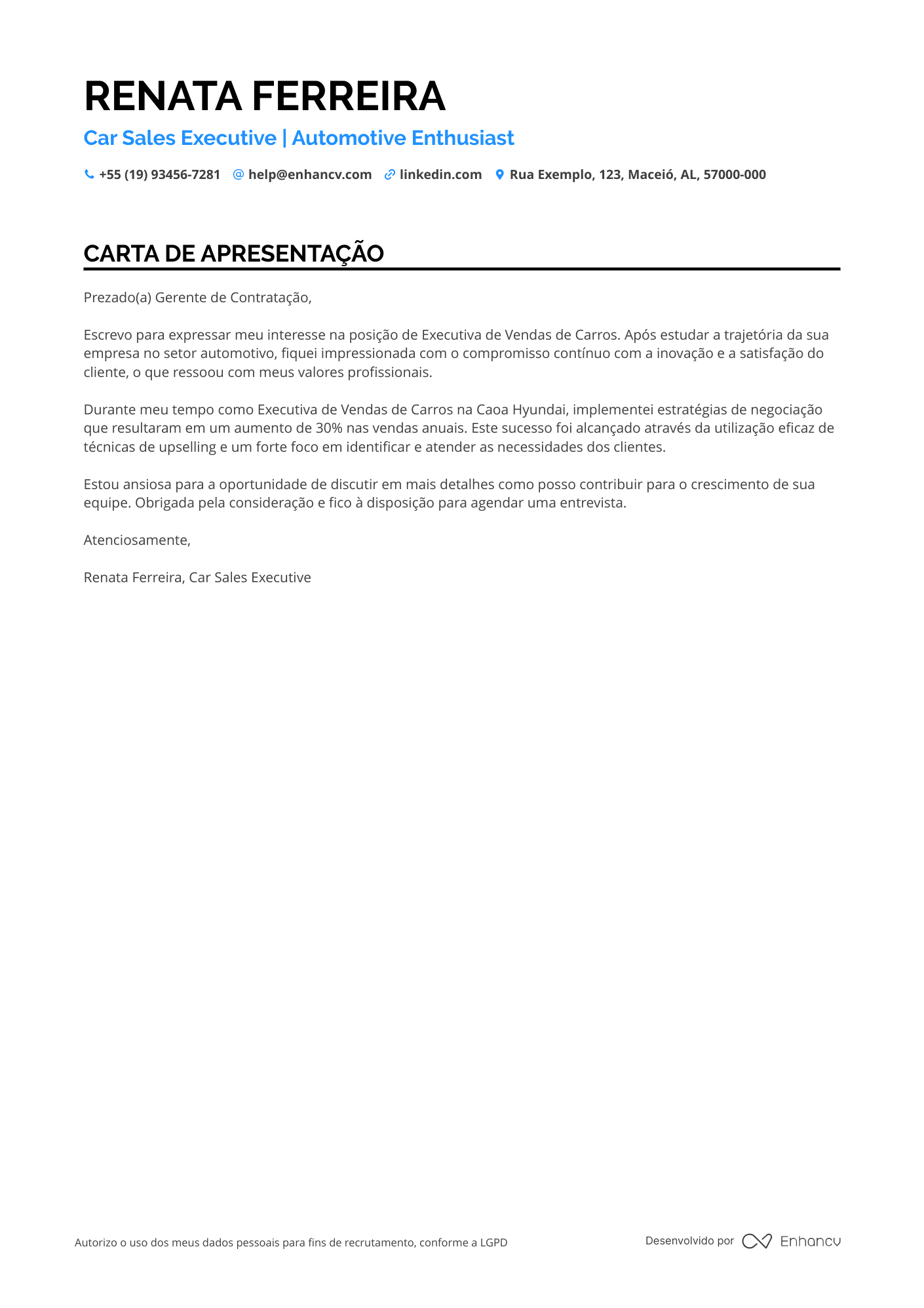 Vendedor de carros Carta de apresentação